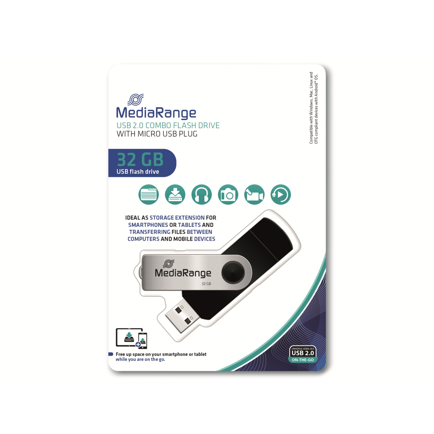 Pamięć flash USB MediaRange na białym tle. Srebrna i czarna, 32 GB, ze wtyczką micro USB.