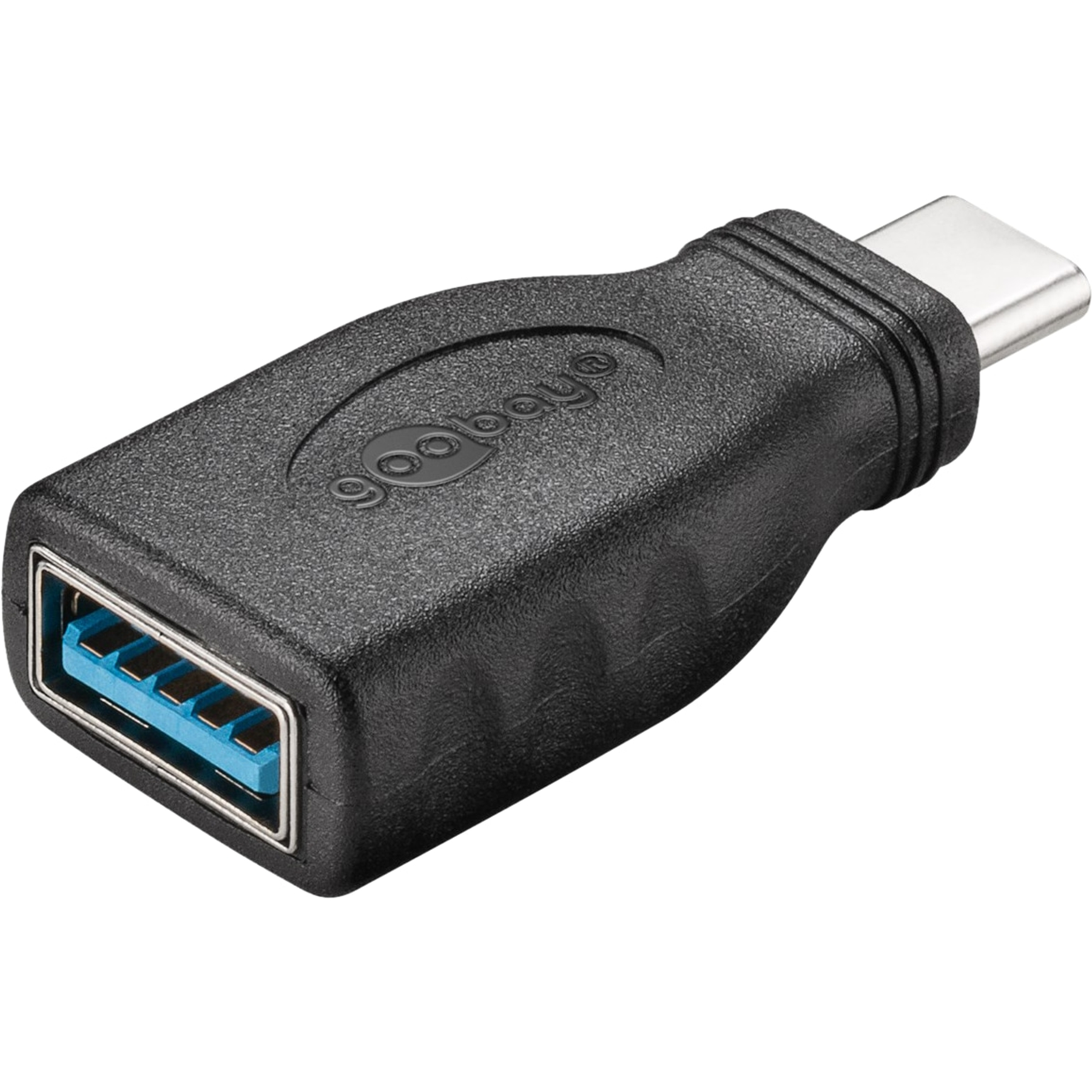 Czarny adapter USB z portem USB 3.0 i złączem USB-C. Port USB ma niebieskie wnętrze.