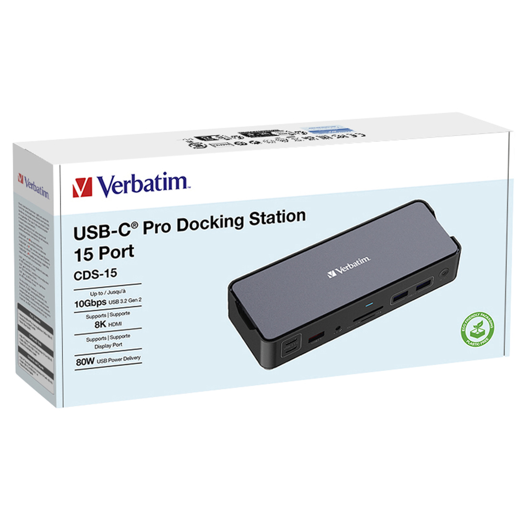 Eine Verbatim USB-C Pro Docking Station Box. Die Box zeigt das Produkt und seine Funktionen, einschließlich 15 Anschlüssen und 8K HDMI-Unterstützung.