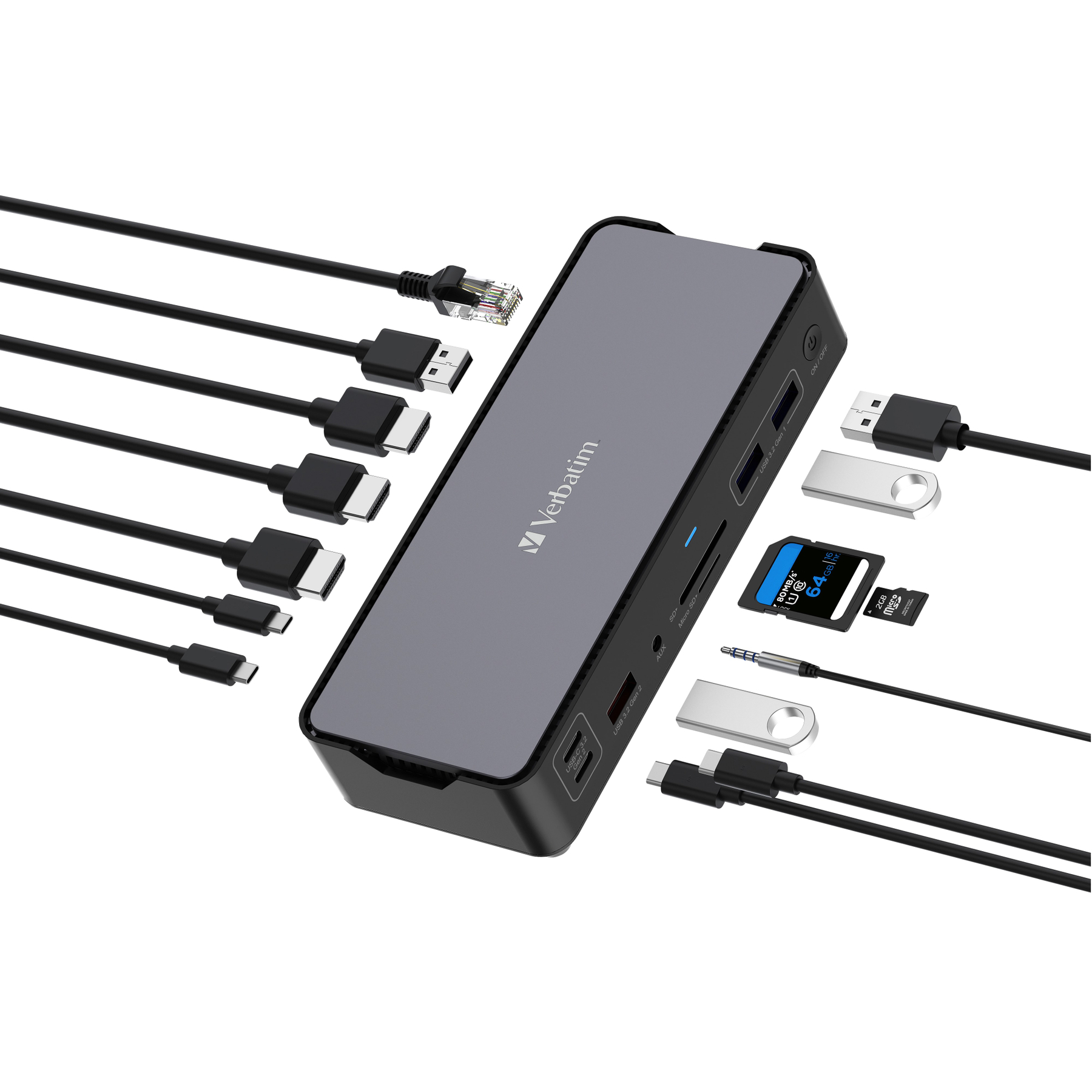 Ein schwarzer und grauer Verbatim-Hub mit verschiedenen Anschlüssen, Kabeln und USB-Laufwerken. Weißer Hintergrund.