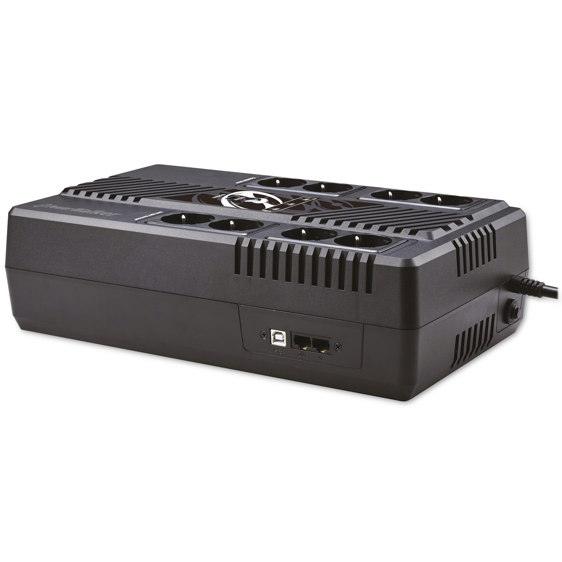 Un dispositivo UPS PowerWalker nero. Ha diverse prese di corrente, una porta USB e porte di rete. È su sfondo bianco.