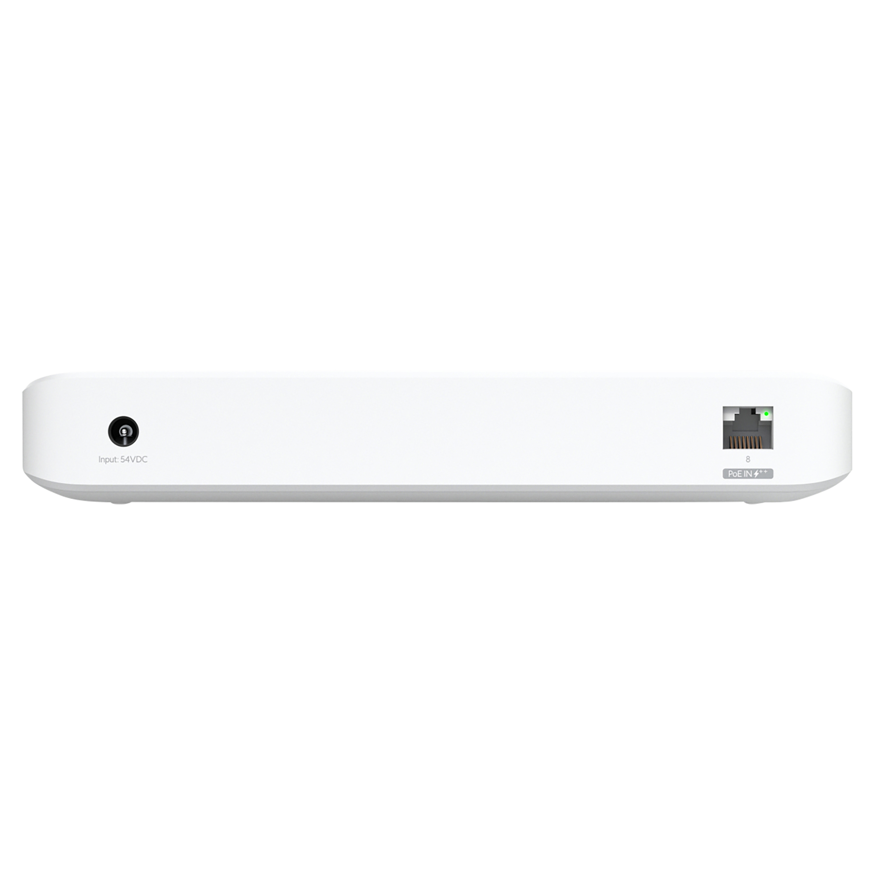 Weißes Gerät mit abgerundeten Kanten. Verfügt über einen Stromeingang und einen Ethernet-Anschluss. Textbeschriftungen: Input: 54VDC und PoE IN.