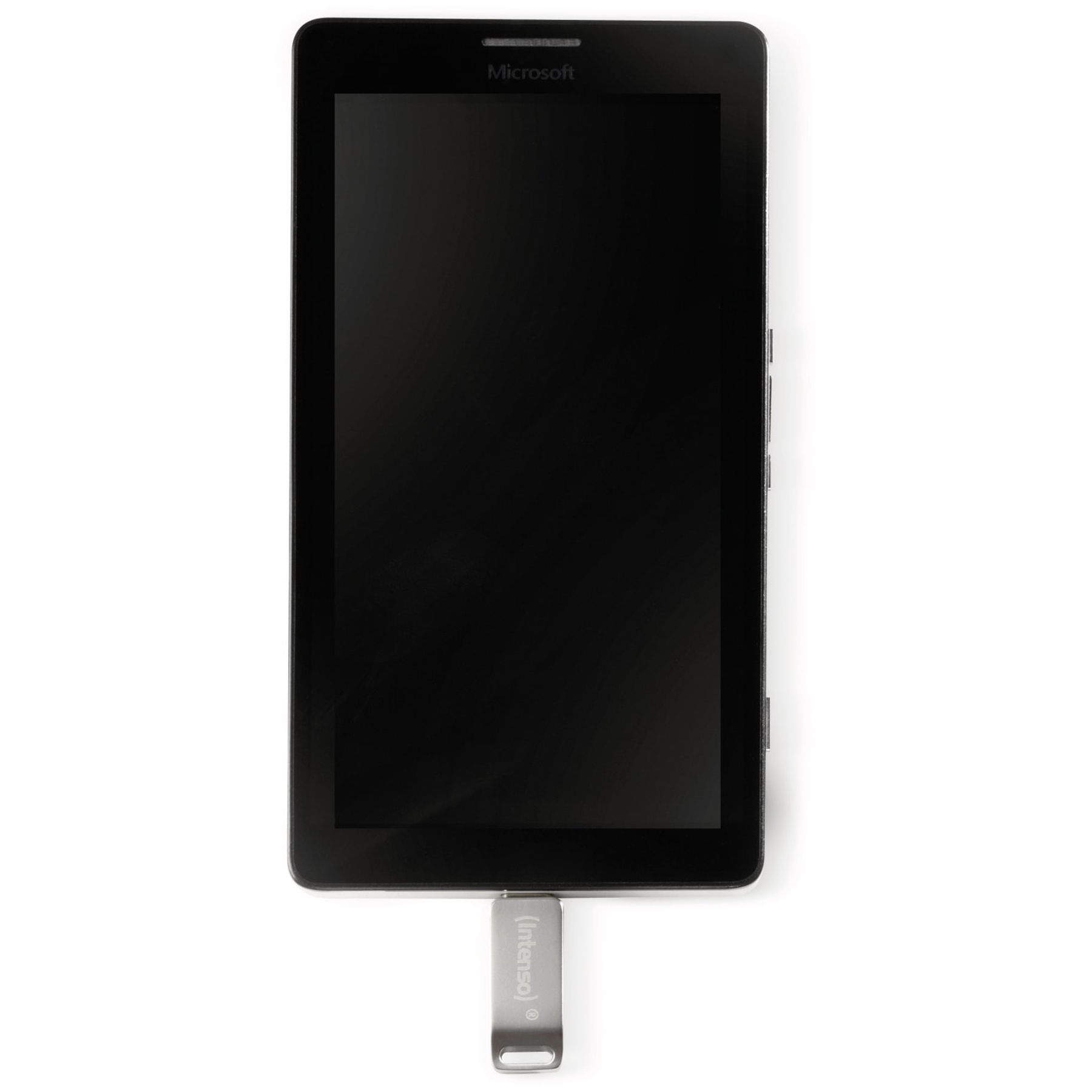 Czarny tablet z pustym ekranem, podłączony do srebrnego pendrive'a i białego tła.