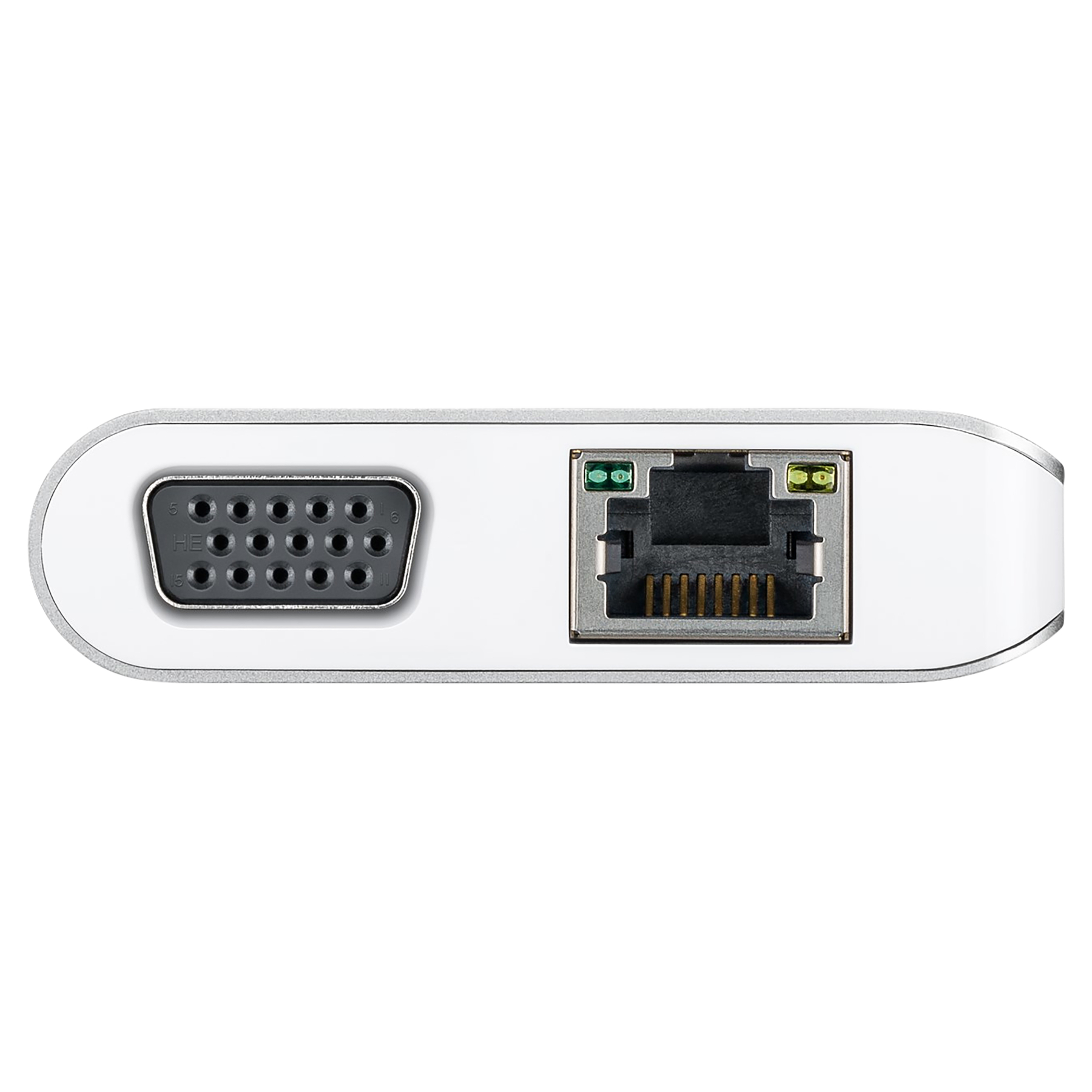 Gros plan d'un appareil argenté avec deux ports : un port VGA et un port Ethernet.