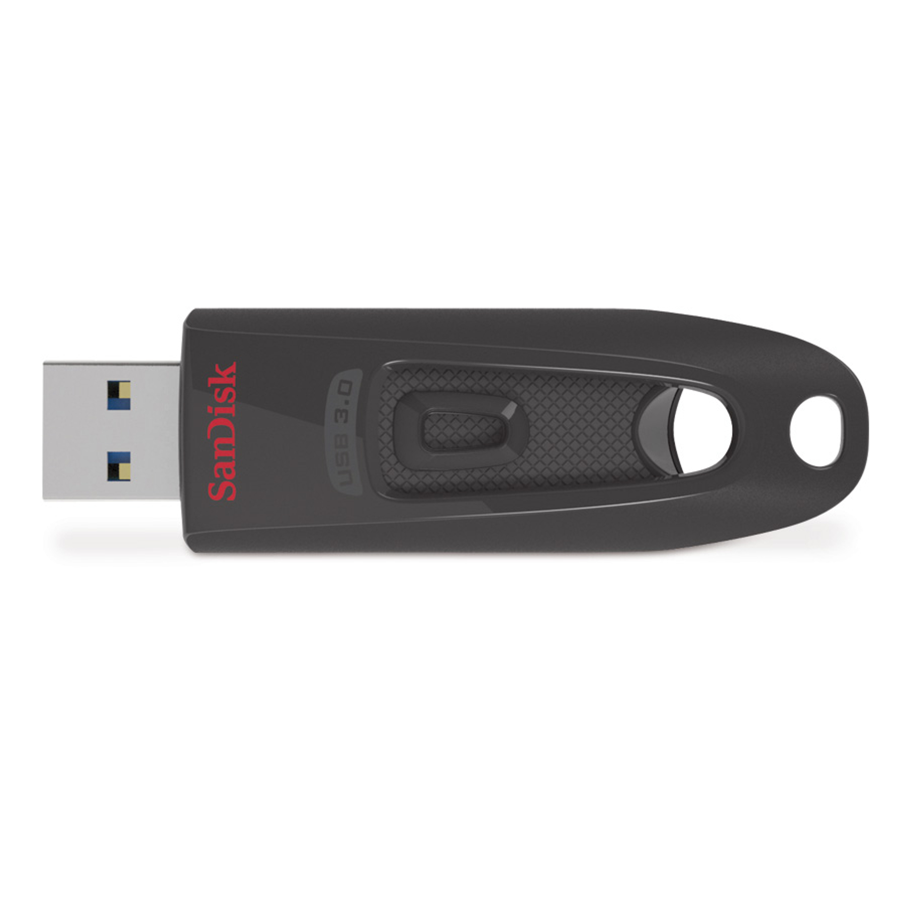 Czarny pendrive Sandisk na białym tle. Posiada etykietę USB 3.0 i czerwony tekst Sandisk. Złącze USB jest srebrne i niebieskie.