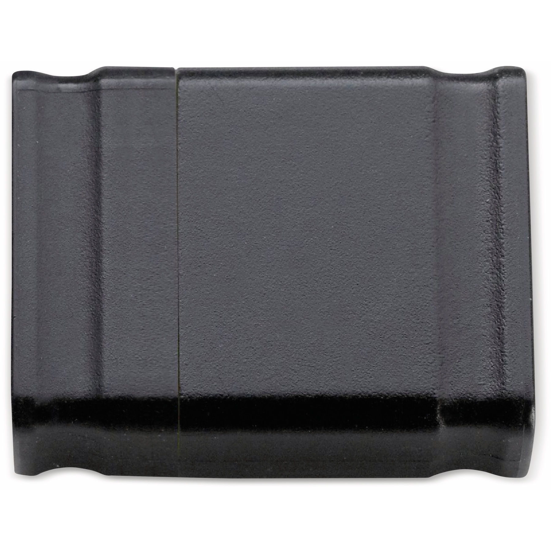 Prostokątny czarny metalowy przedmiot na białym tle. Ma teksturowaną powierzchnię i rowek pośrodku.