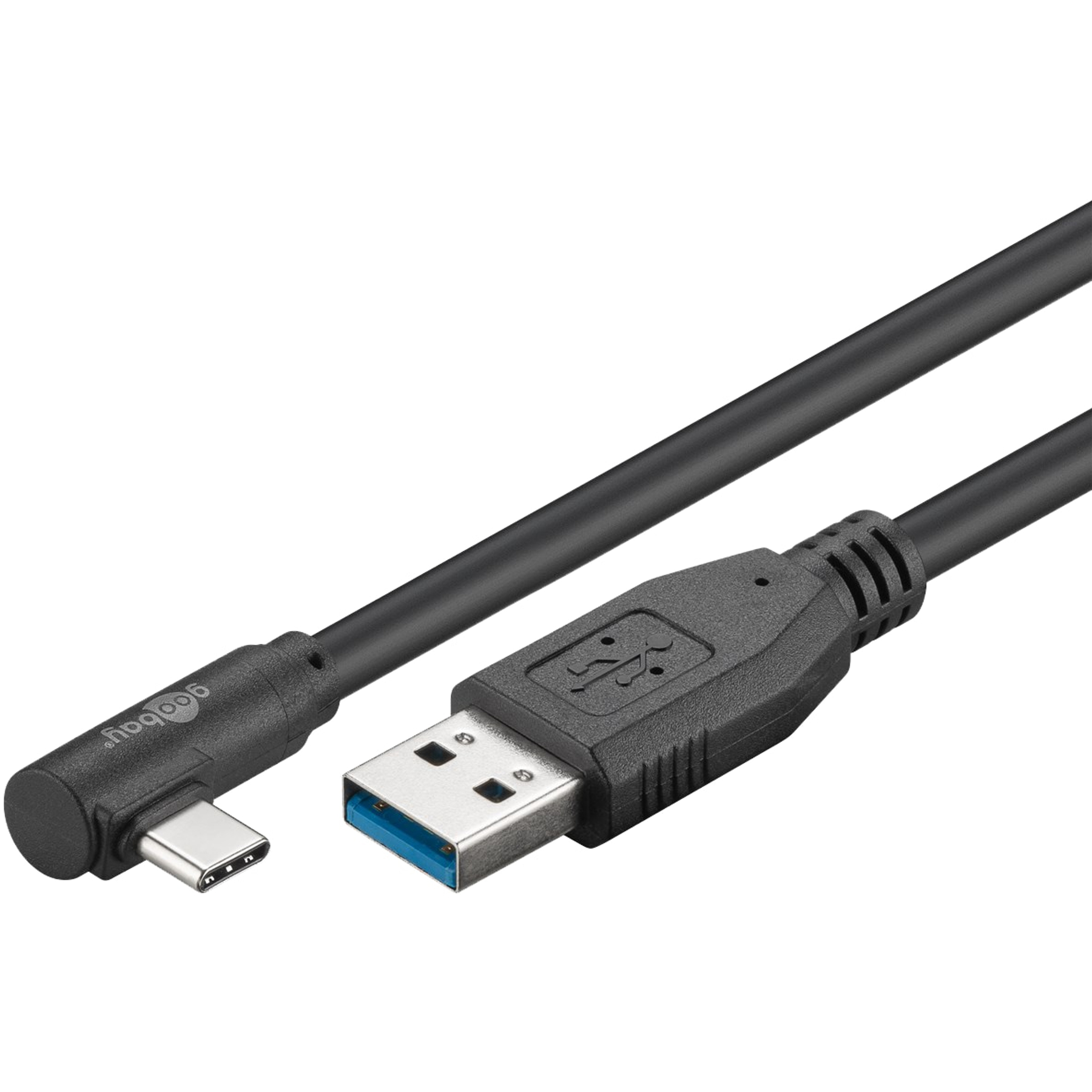 Schwarzes USB-Kabel mit USB-A- und USB-C-Anschluss. Der USB-A-Anschluss hat einen blauen Innenraum. Der Hintergrund ist weiß.