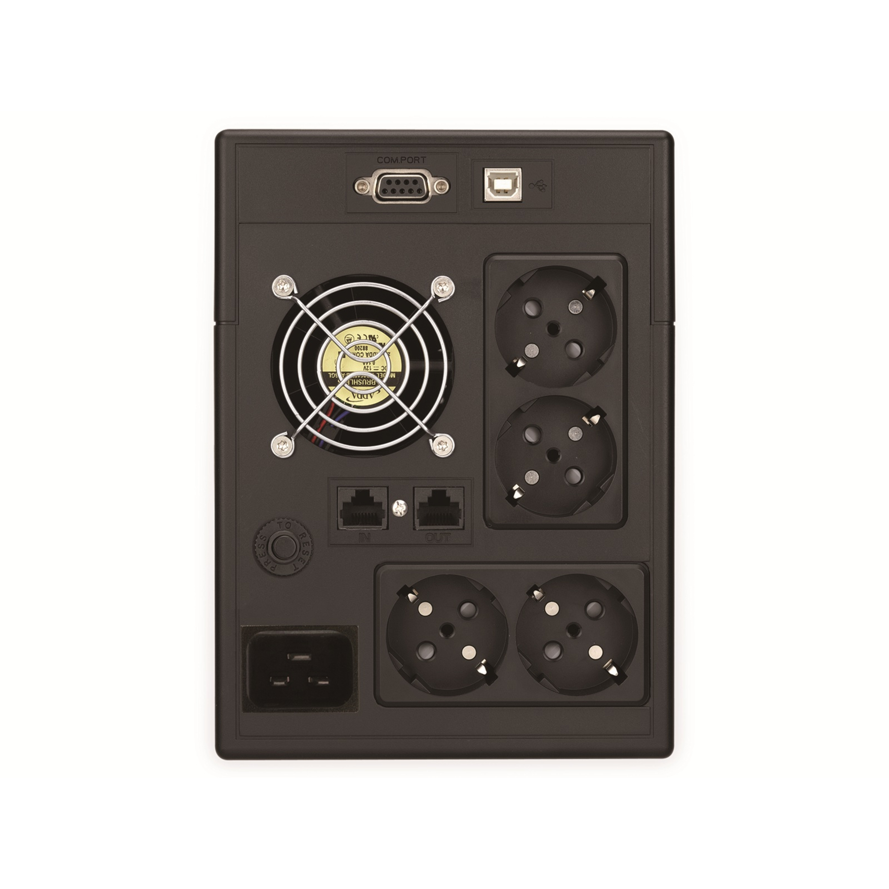 Schwarze UPS-Rückwand mit Lüfter, Steckdosen und Anschlüssen. Enthält COM-Port, USB und Stromeingang. Mit IN/OUT-Anschlüssen und Reset-Taste.