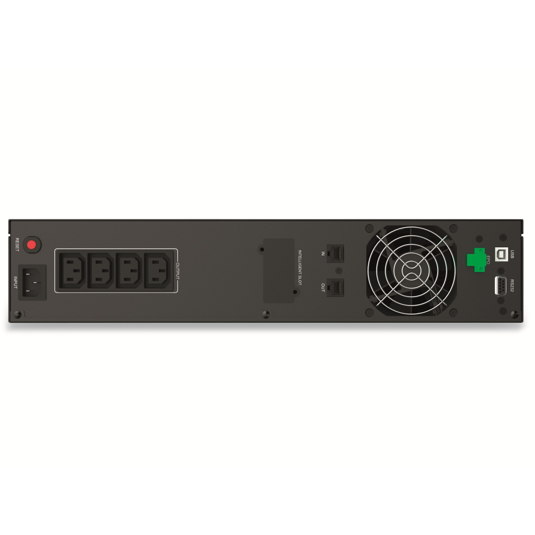 Czarne urządzenie UPS z wieloma gniazdami zasilania, wentylatorem i różnymi portami. Etykiety: 'Input', 'Output' i 'Reset'.