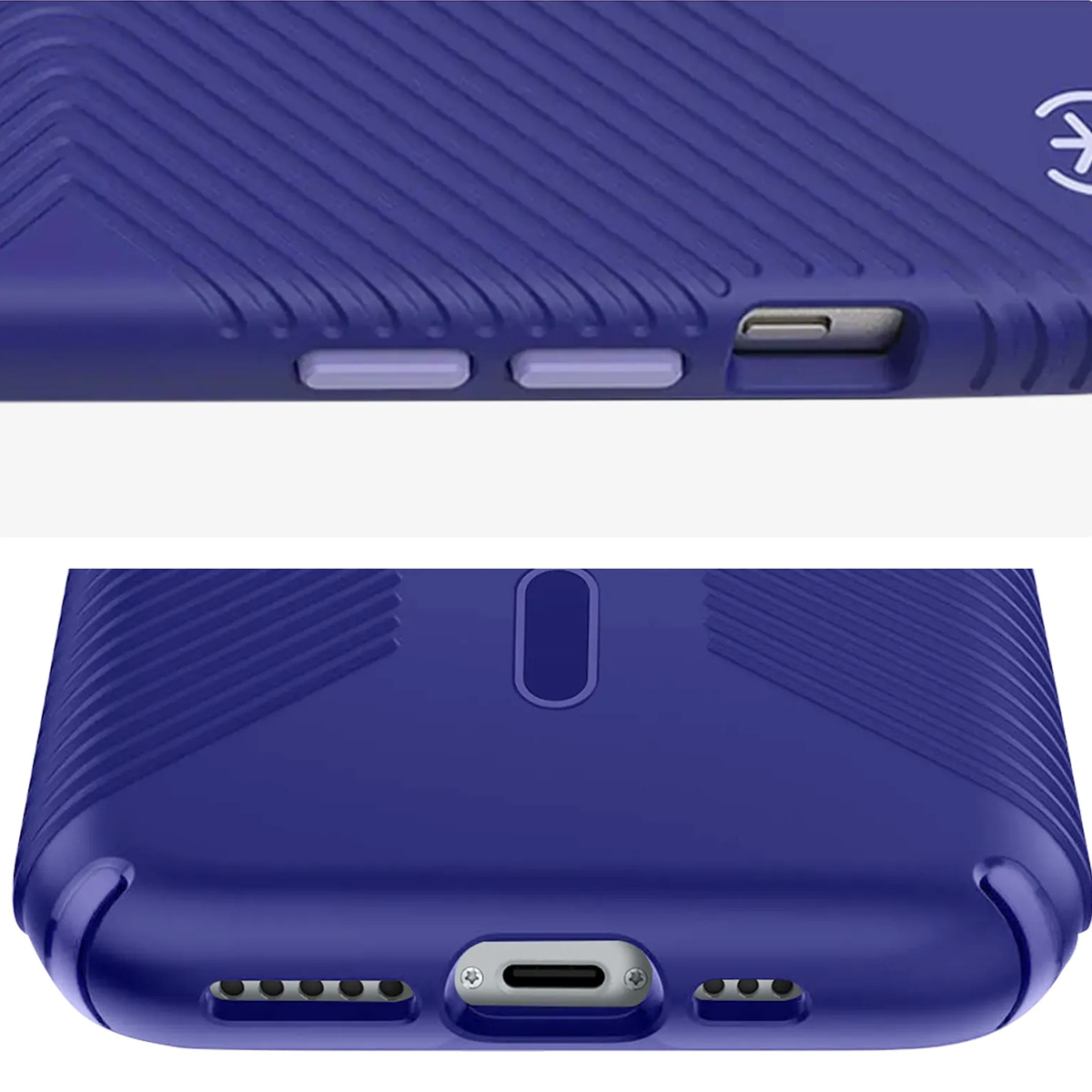 Primo piano di una custodia blu per telefono con texture a coste. Pulsanti di accensione, porta di ricarica e fori per altoparlanti. Blu scuro.
