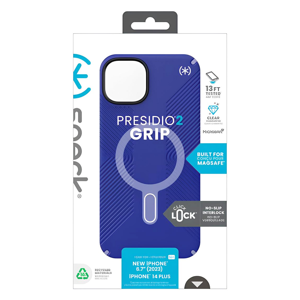 Una custodia blu per iPhone 14 Plus con la scritta 'PRESIDIO2 GRIP' e marchio. La confezione mostra anche funzionalità e dettagli di protezione.