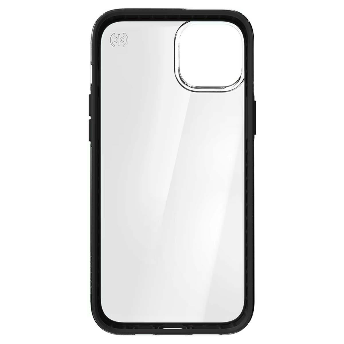 Una custodia trasparente per telefono con paraurti nero. La custodia ha un ritaglio per la fotocamera e un logo in alto a sinistra.