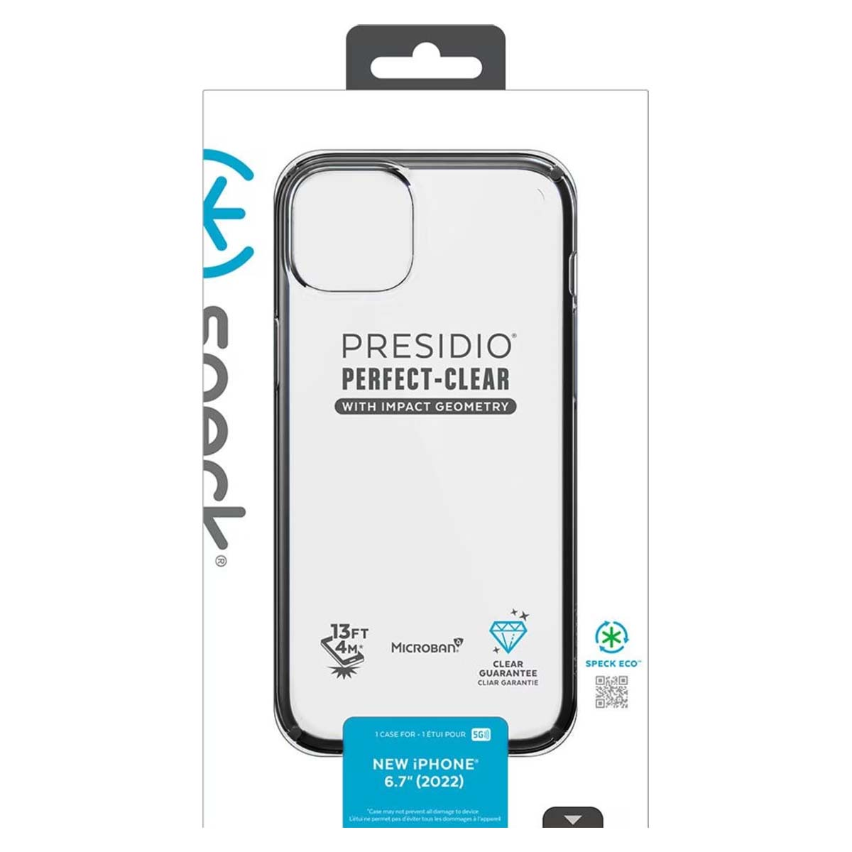 Una scatola di custodia per telefono. Dice PRESIDIO PERFECT-CLEAR. Ha testo come 13FT 4M, MICROBAN e NEW IPHONE 6.7" (2022).