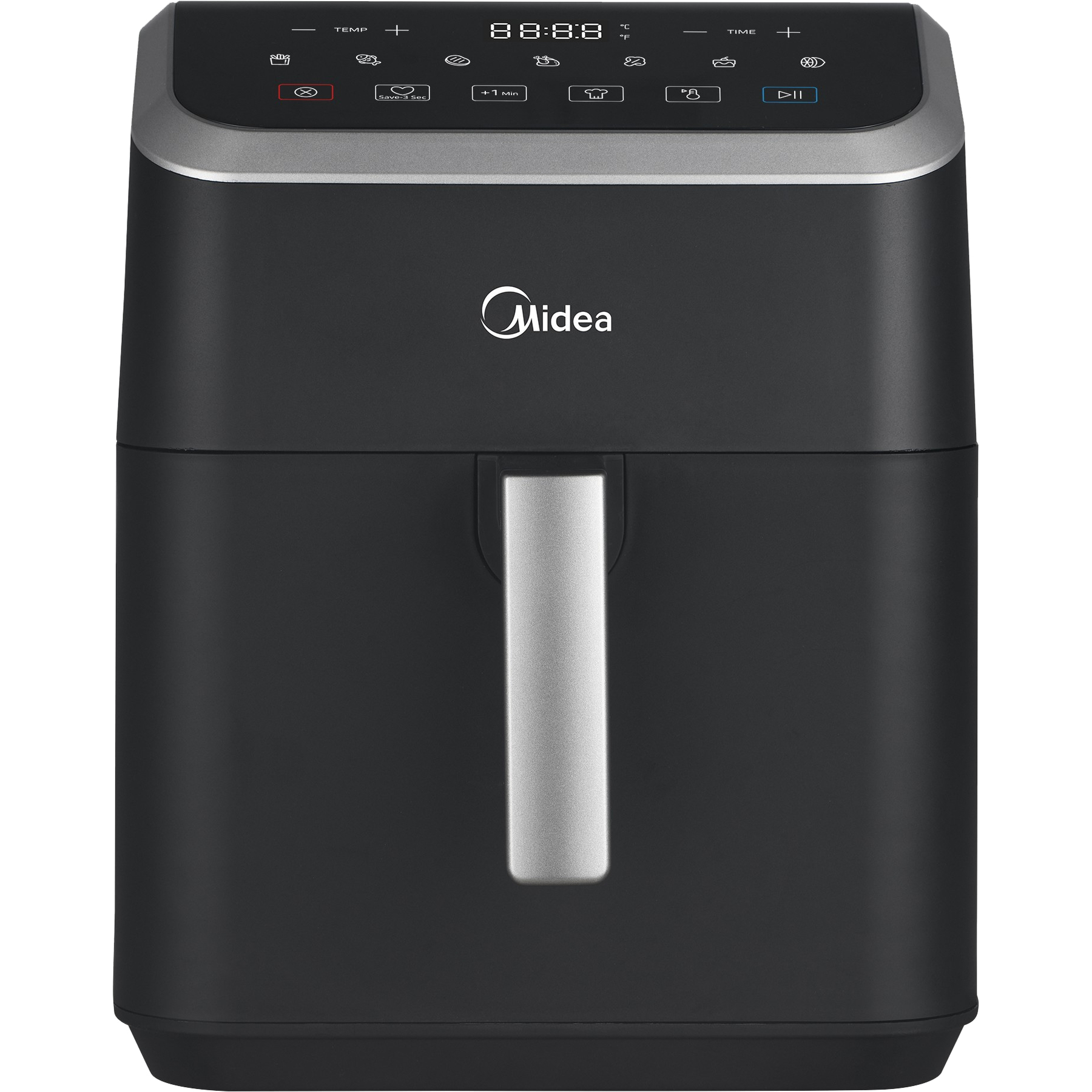 Czarna frytkownica powietrzna Midea. Posiada cyfrowy wyświetlacz i srebrny uchwyt. Przyciski czasu i temperatury.