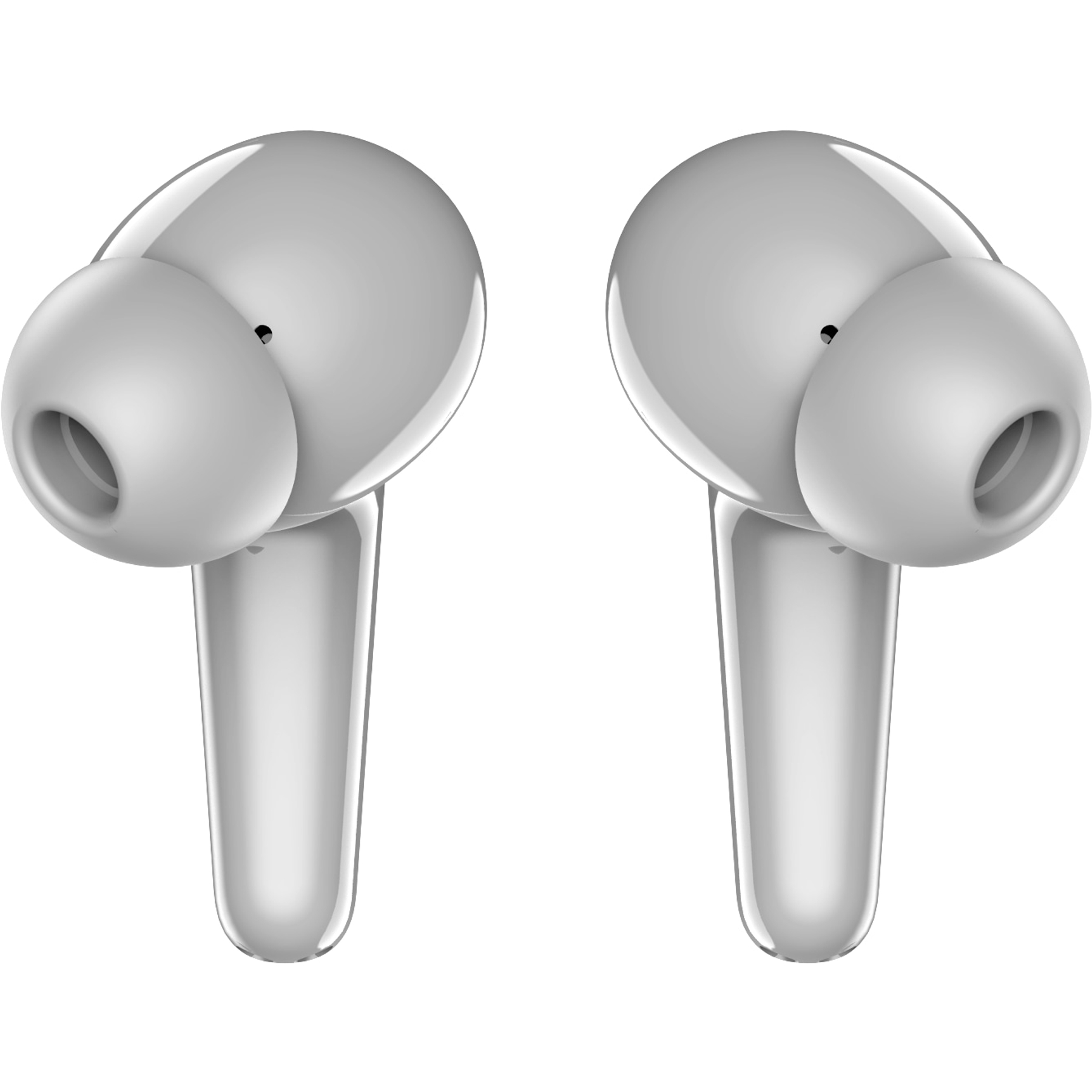 Two gray wireless earbuds, each with a rounded body and a stem, against a white background.