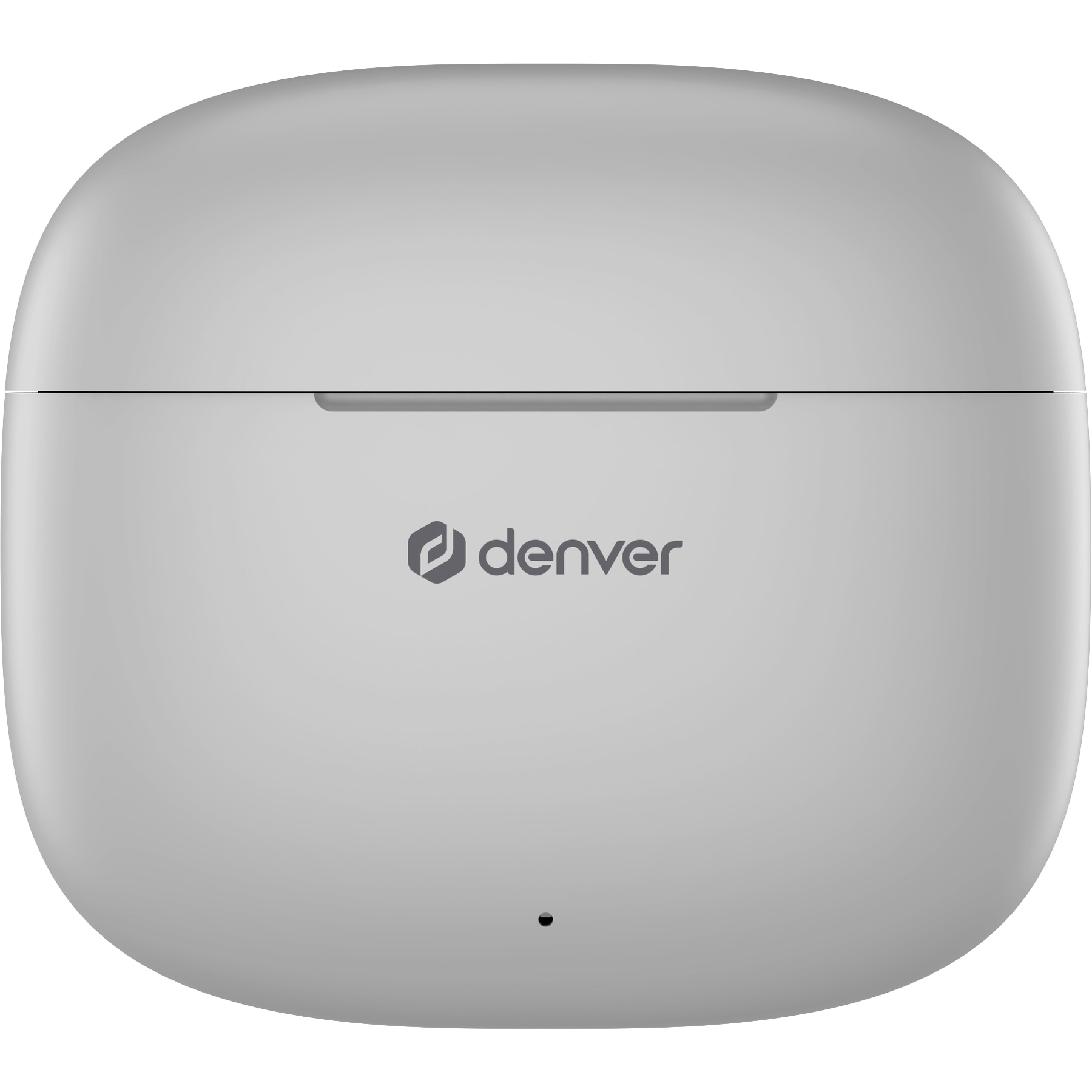 A light grey Denver earbuds case. The brand name is visible. There is a small charging indicator at the bottom.