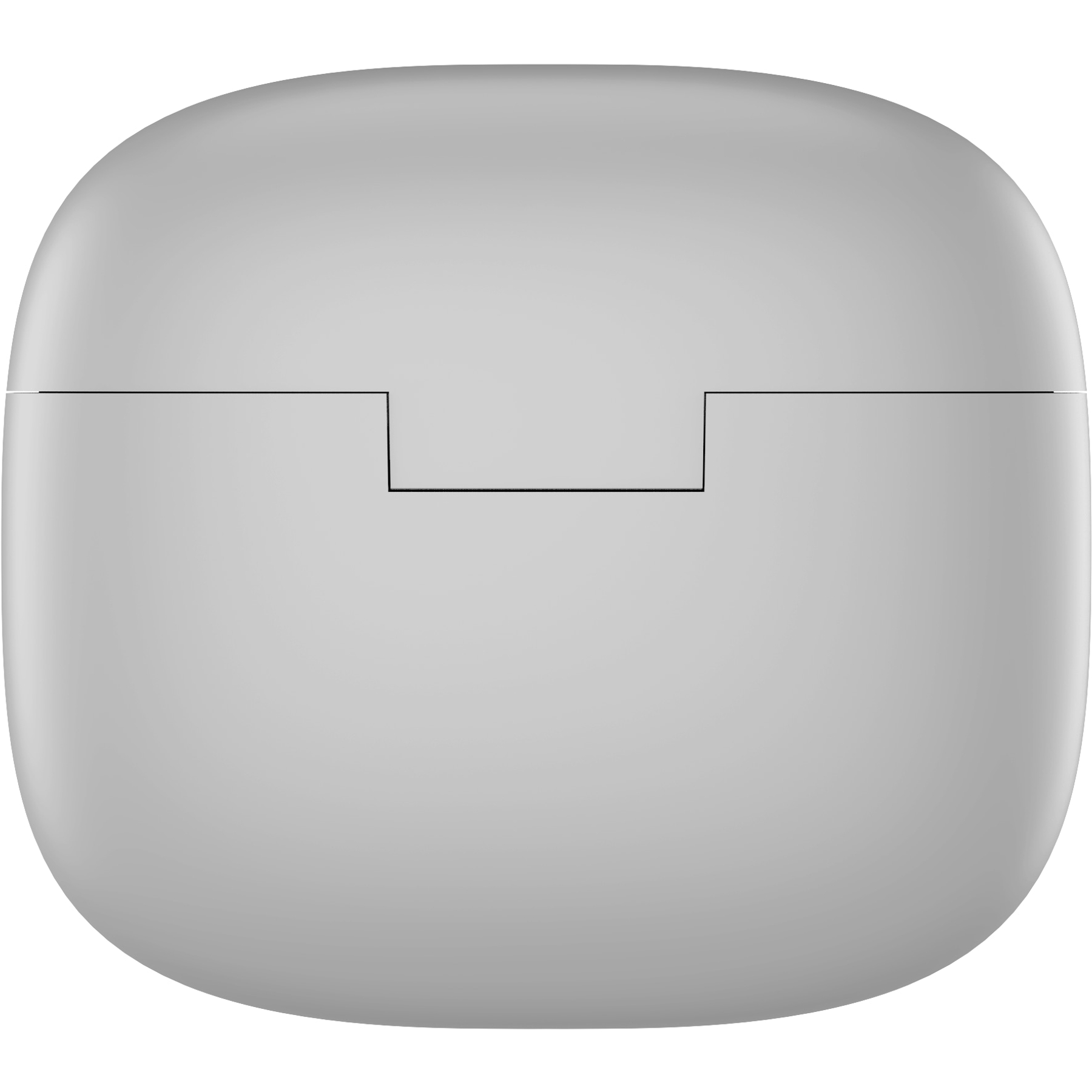 A light gray, oval-shaped charging case. A thin black line forms a rectangle on the top. The top is a lid.