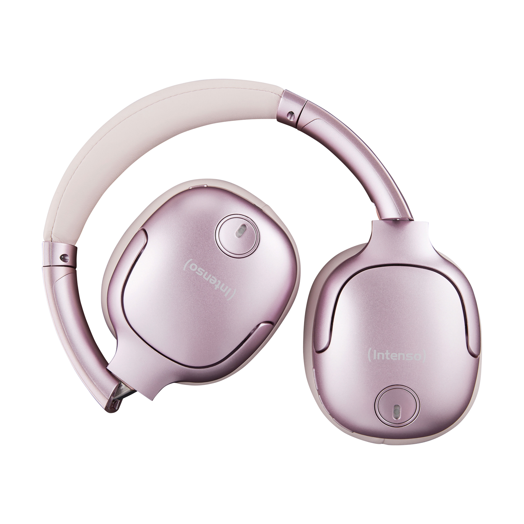Casque rose avec rembourrage blanc et détails argentés. La marque (Intenso) est visible.