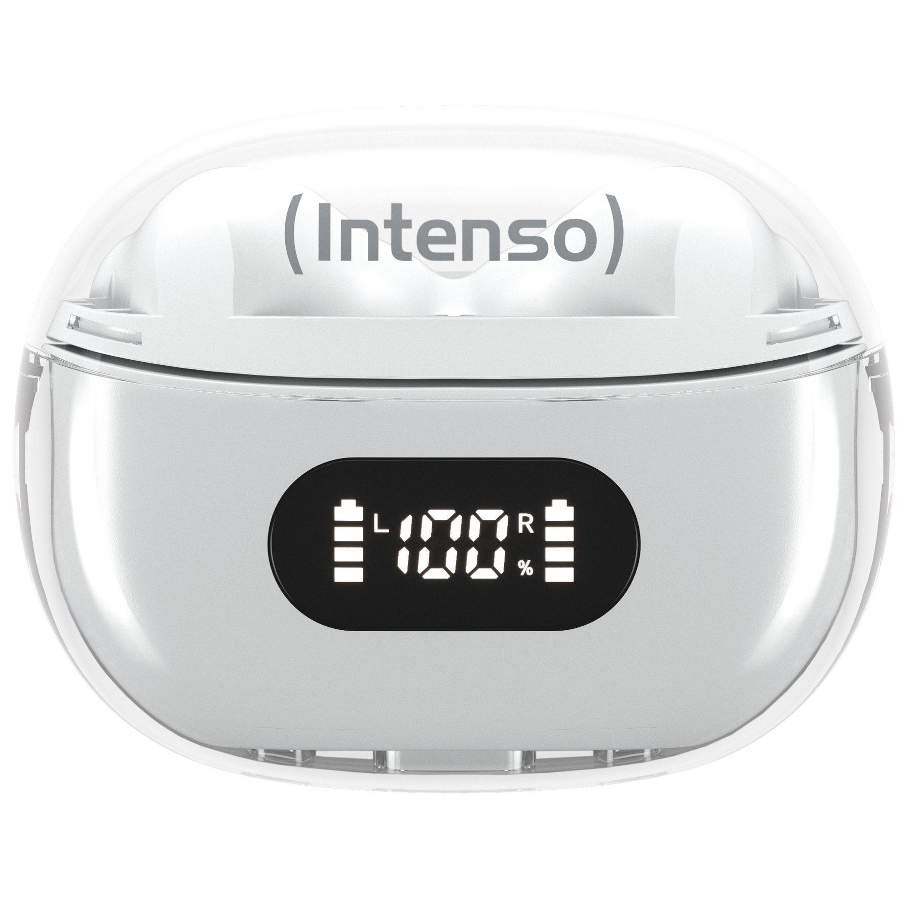 Weißes, ovales Ladecase für Ohrhörer mit Digitalanzeige, die 100 % Ladung anzeigt. Der Markenname (Intenso) ist sichtbar.