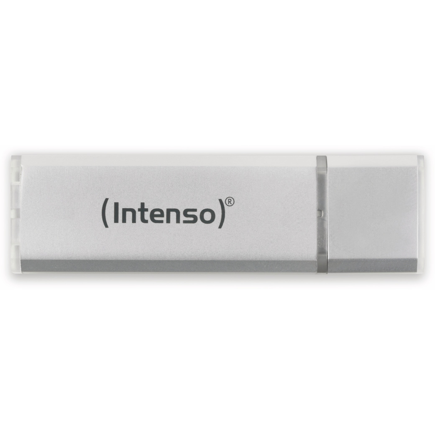 Een zilveren USB-stick met de merknaam 'Intenso' op een witte achtergrond.
