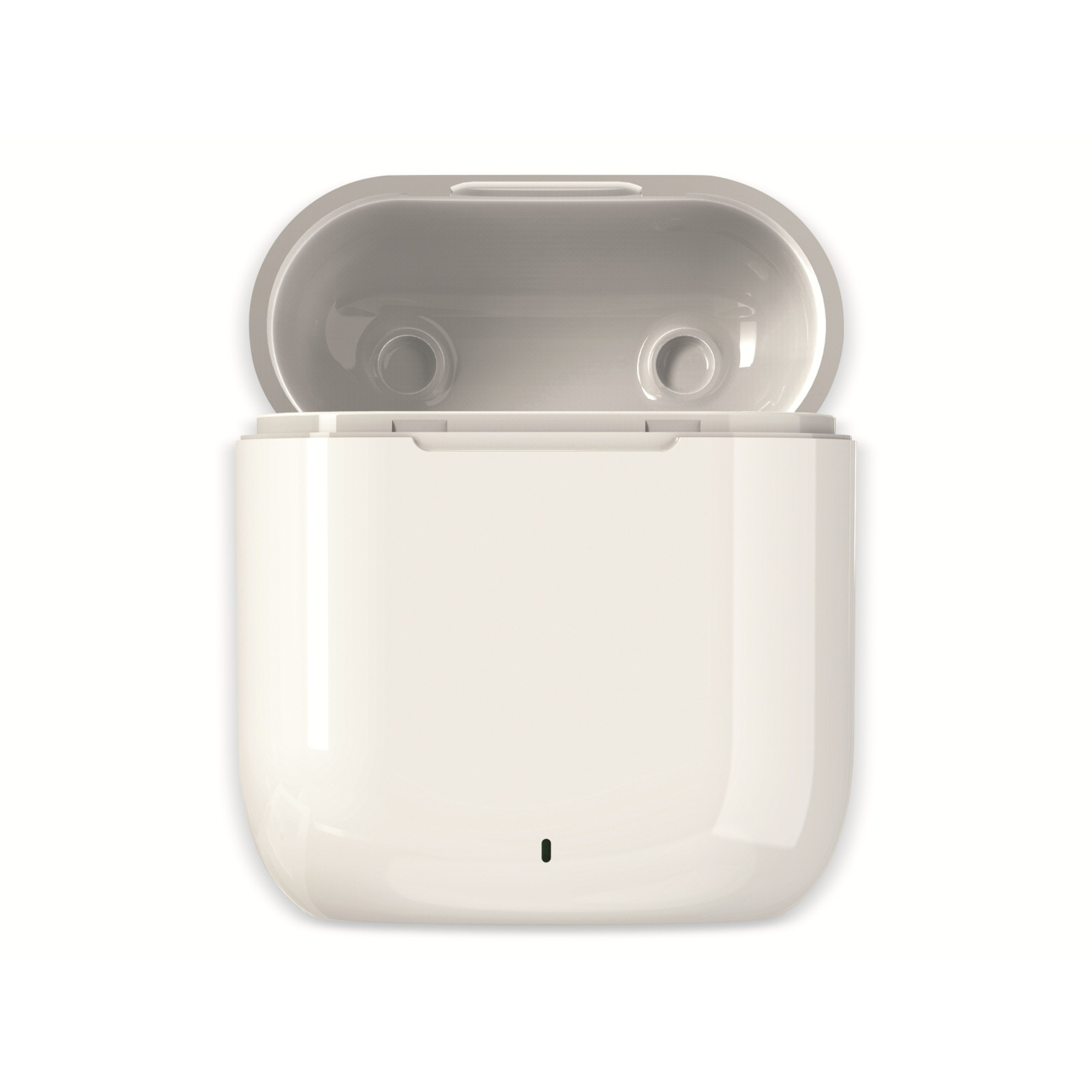 Otwarty biały futerał na słuchawki z szarym wnętrzem, odsłaniający dwa okrągłe gniazda ładowania. Z przodu znajduje się mała czarna kropka.