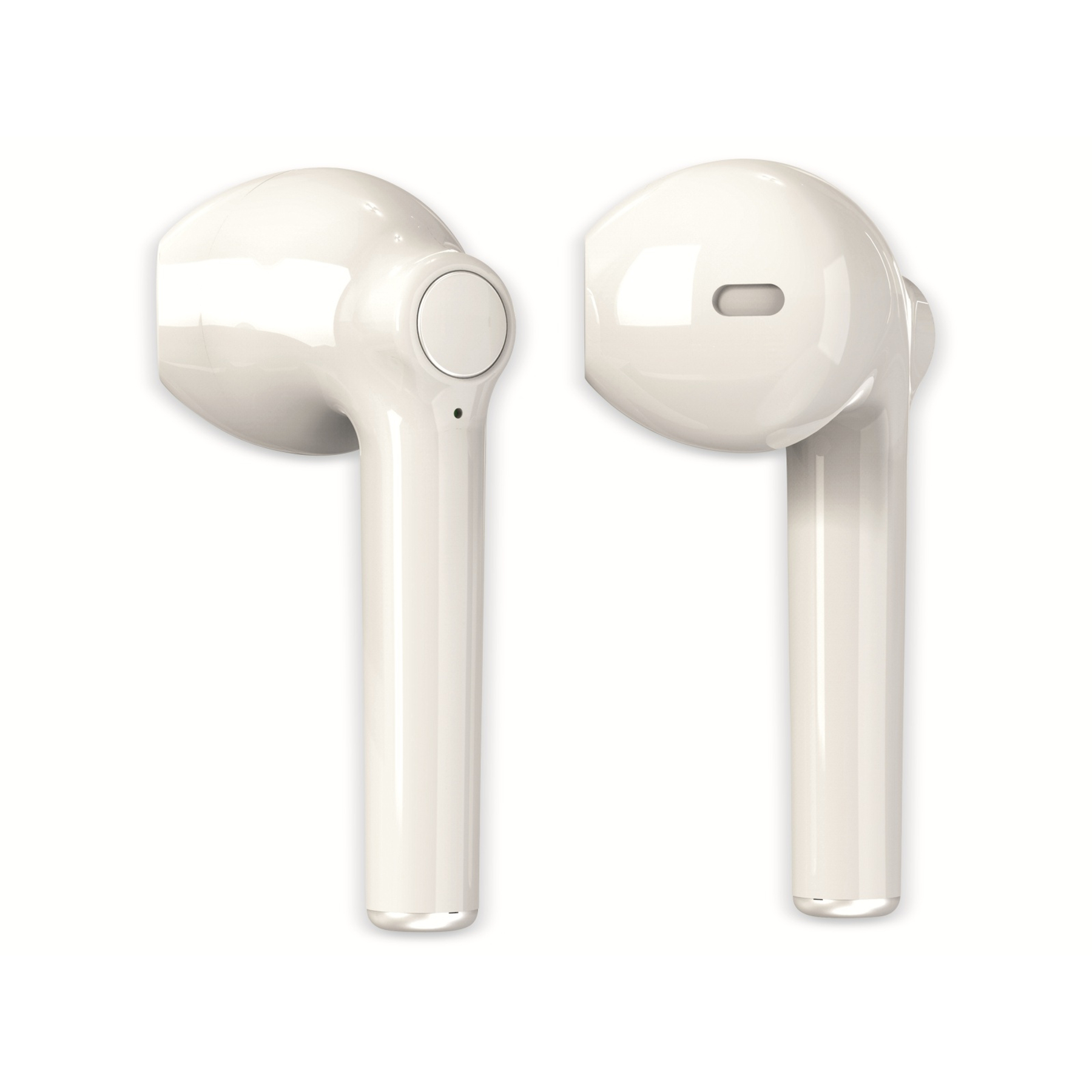 Dwa białe bezprzewodowe słuchawki na białym tle. Jeden ma przycisk, drugi ma mały otwór.