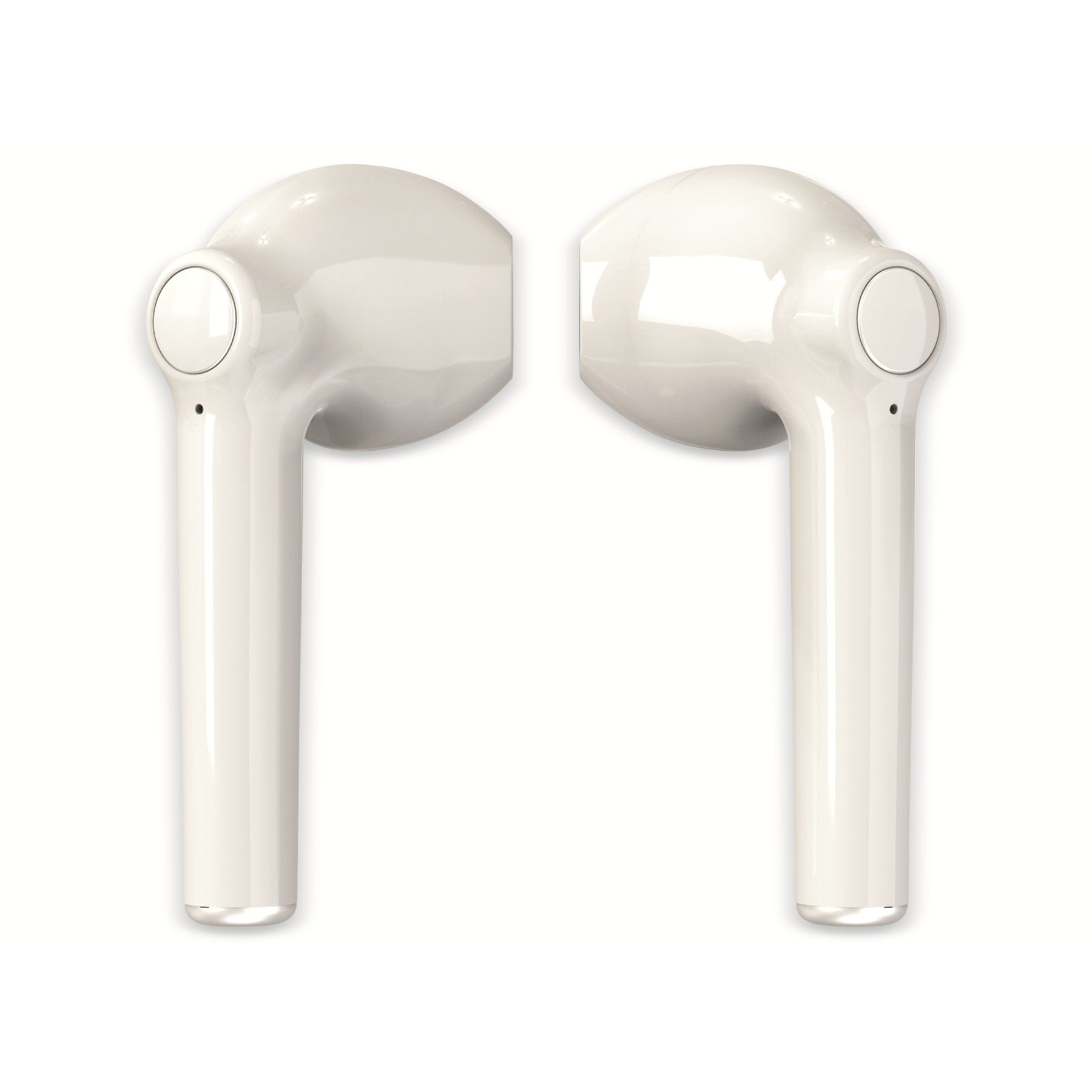 Dwa białe bezprzewodowe słuchawki na białym tle. Każda słuchawka ma zaokrągloną głowę i trzpień. Widoczne są cienie.