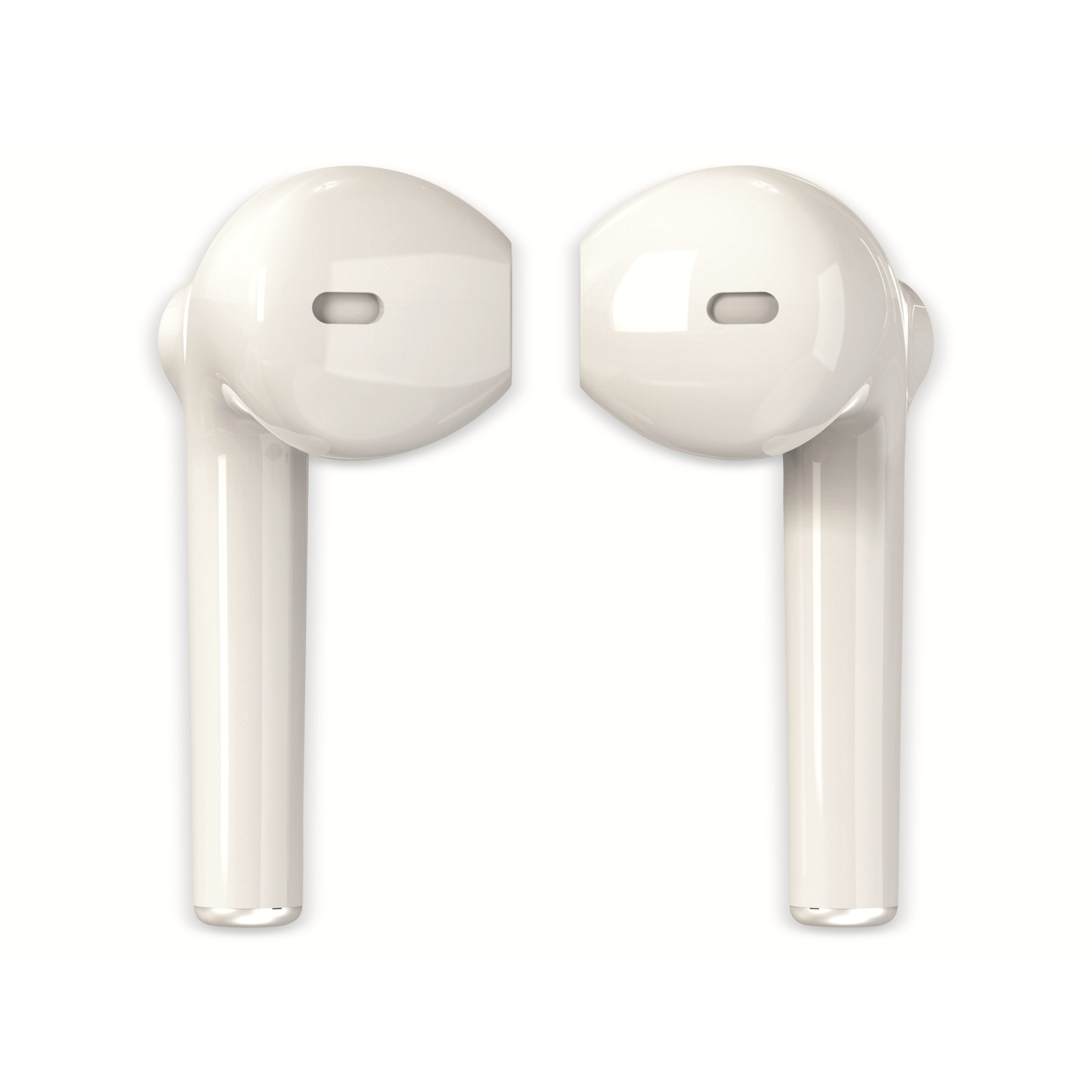 Dwa białe bezprzewodowe słuchawki, każda z trzonkiem, na białym tle. Każda ma głośnik i mikrofon.