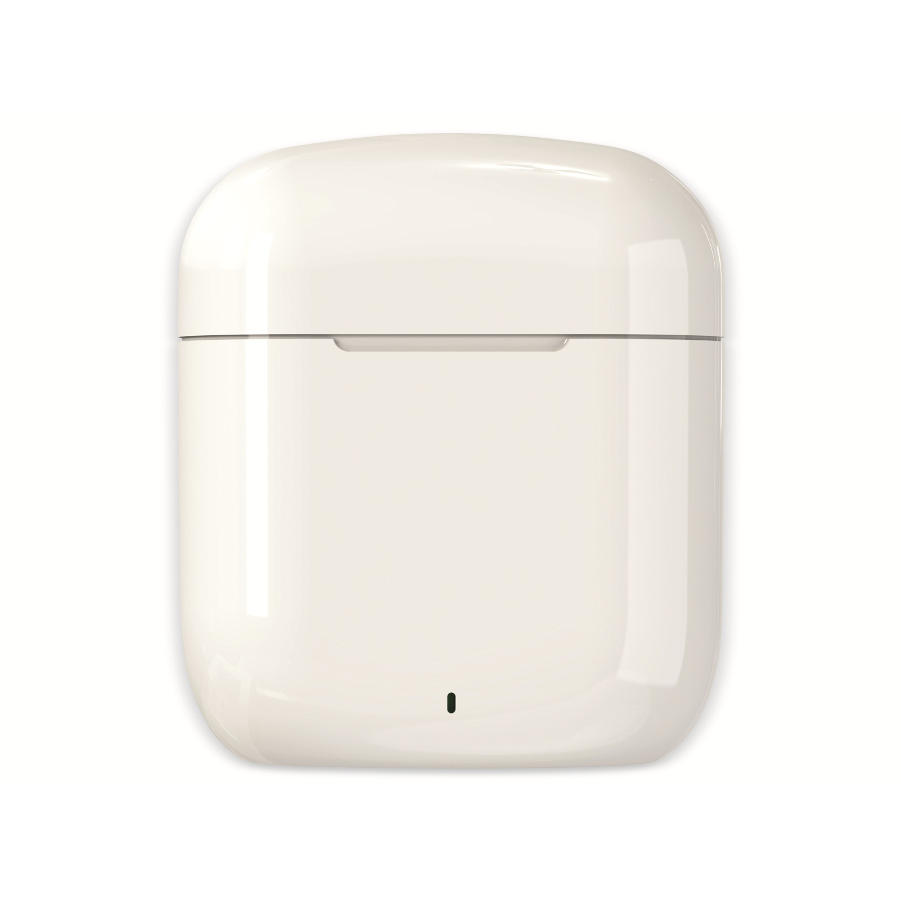 Kremowe etui ładujące do słuchawek. Ma małą czarną kropkę na dole i uchwyt na górze.