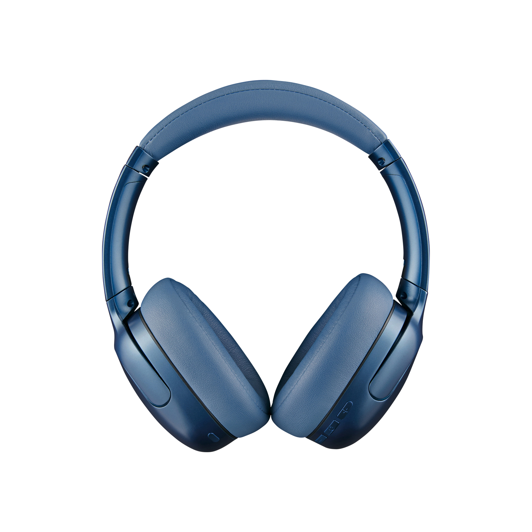 Blaue Over-Ear-Kopfhörer, zentriert auf weißem Hintergrund. Die Kopfhörer haben ein gepolstertes Kopfband und Ohrmuscheln mit Bedientasten.