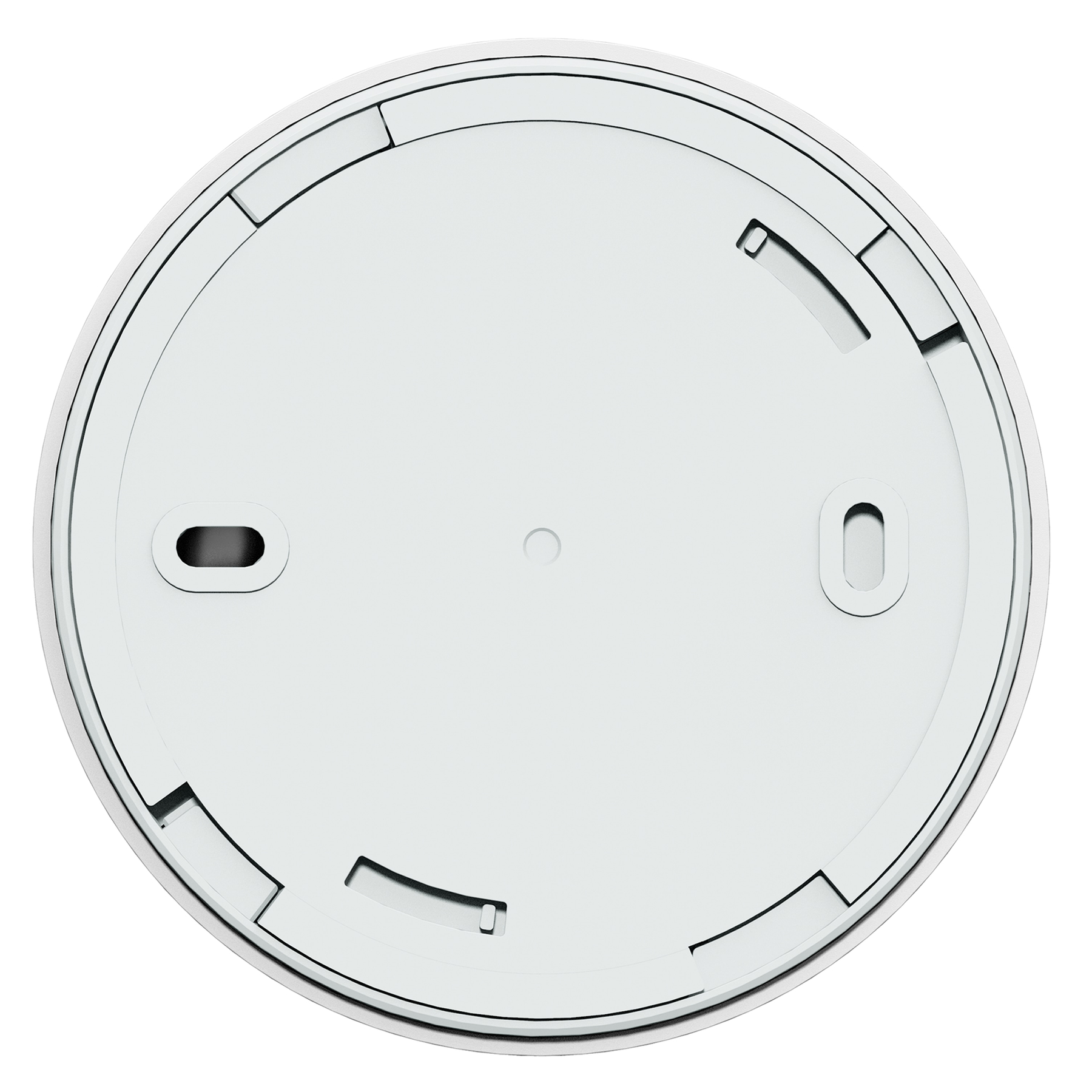 Okrągły biały obiekt z centralnym wcięciem i kilkoma prostokątnymi wycięciami na krawędzi.