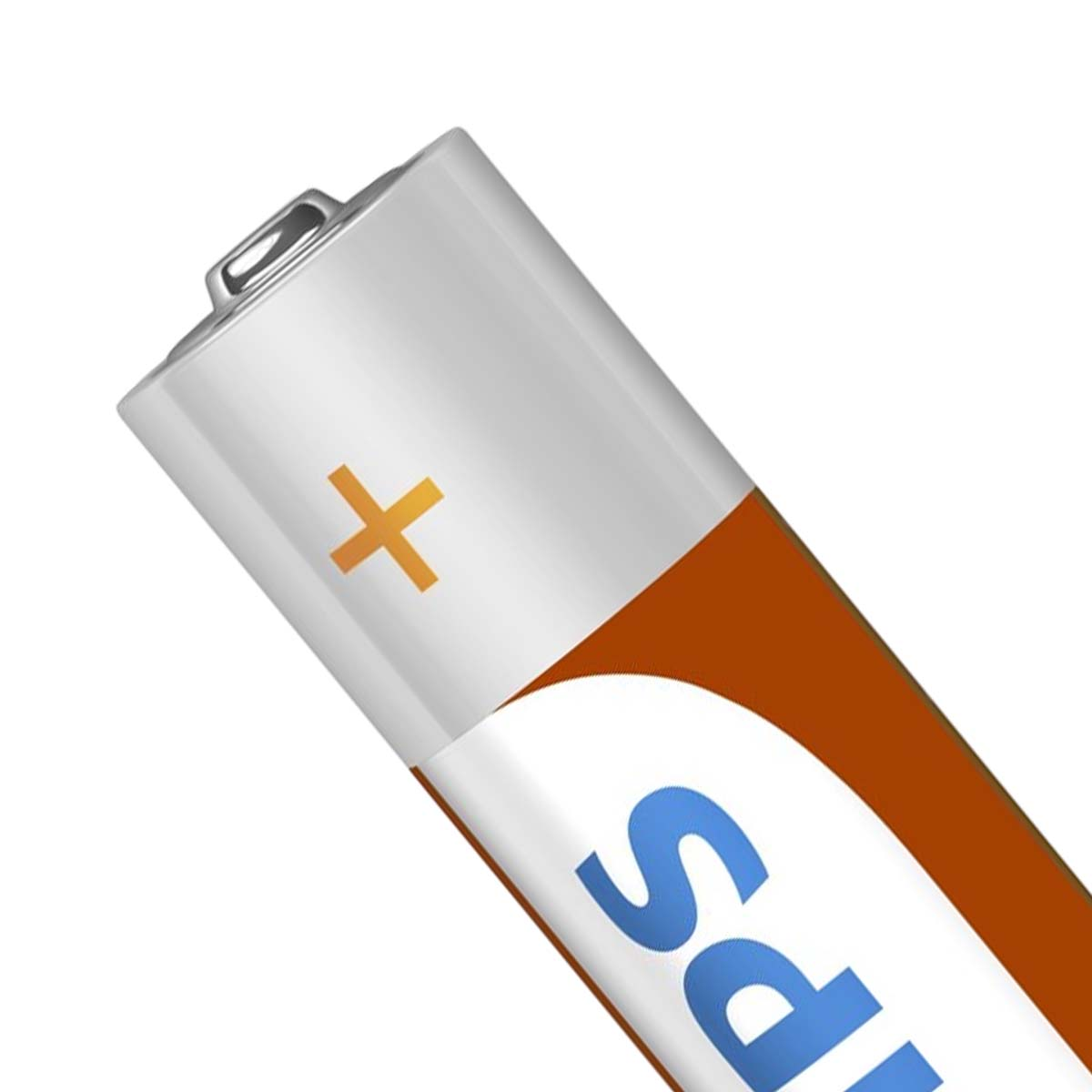 Un primo piano di una batteria. La batteria è bianca e arancione con un segno più. Sulla batteria sono visibili lettere blu.