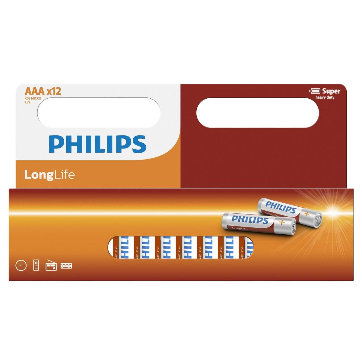 Un pacco batterie Philips. Sopra: bianco e arancione con testo. Sotto: arancione con batterie. Due batterie visibili.