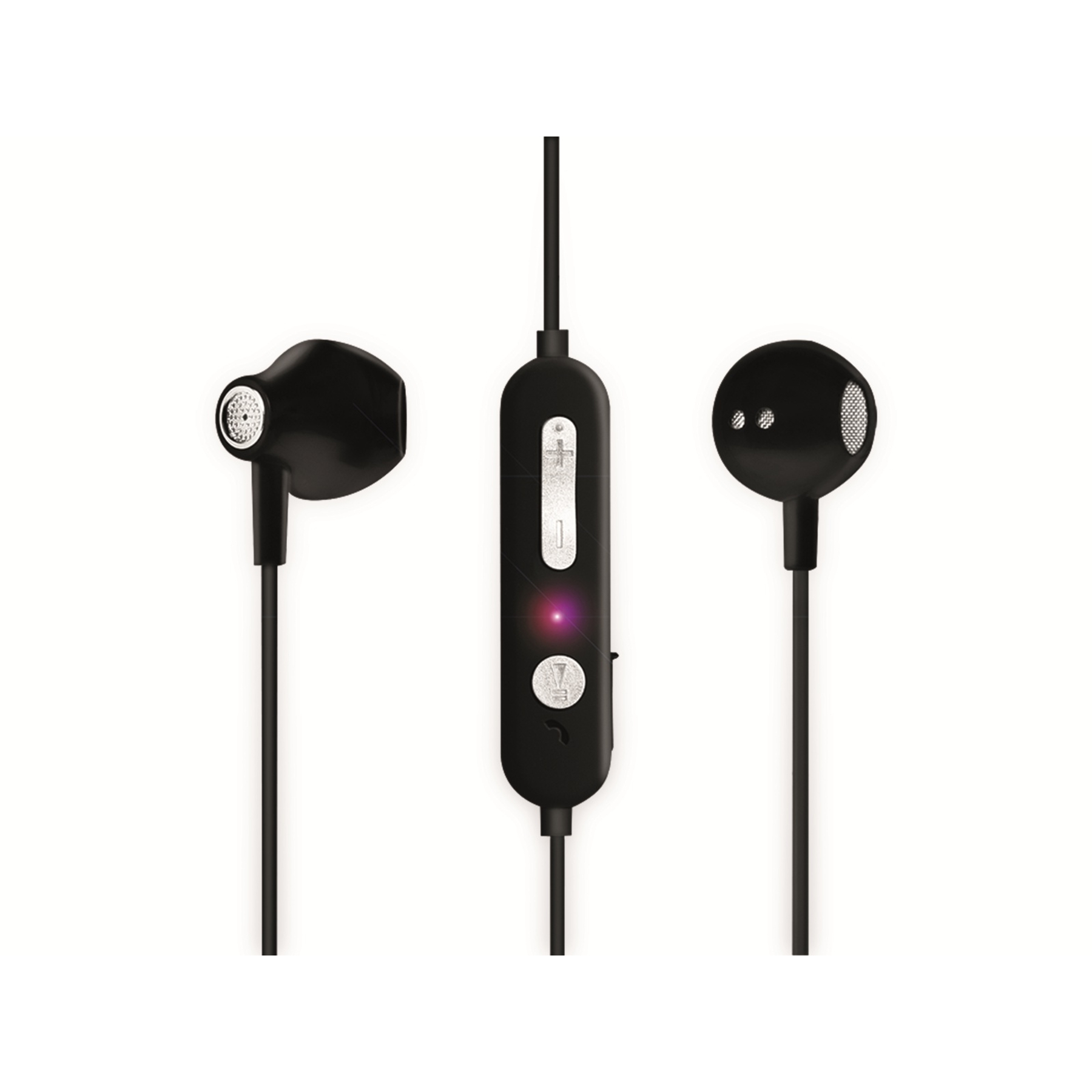 Auricolari neri con cavo e modulo di controllo. Gli auricolari sono a sinistra e a destra, il modulo al centro.