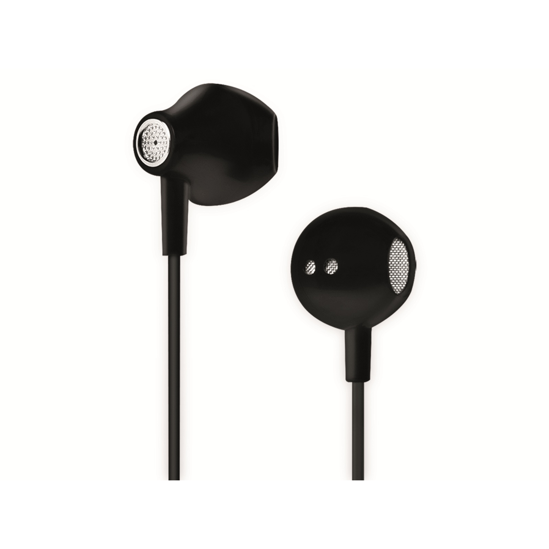 Auricolari neri con una rete sull'auricolare. I cavi si estendono verso il basso su sfondo bianco.