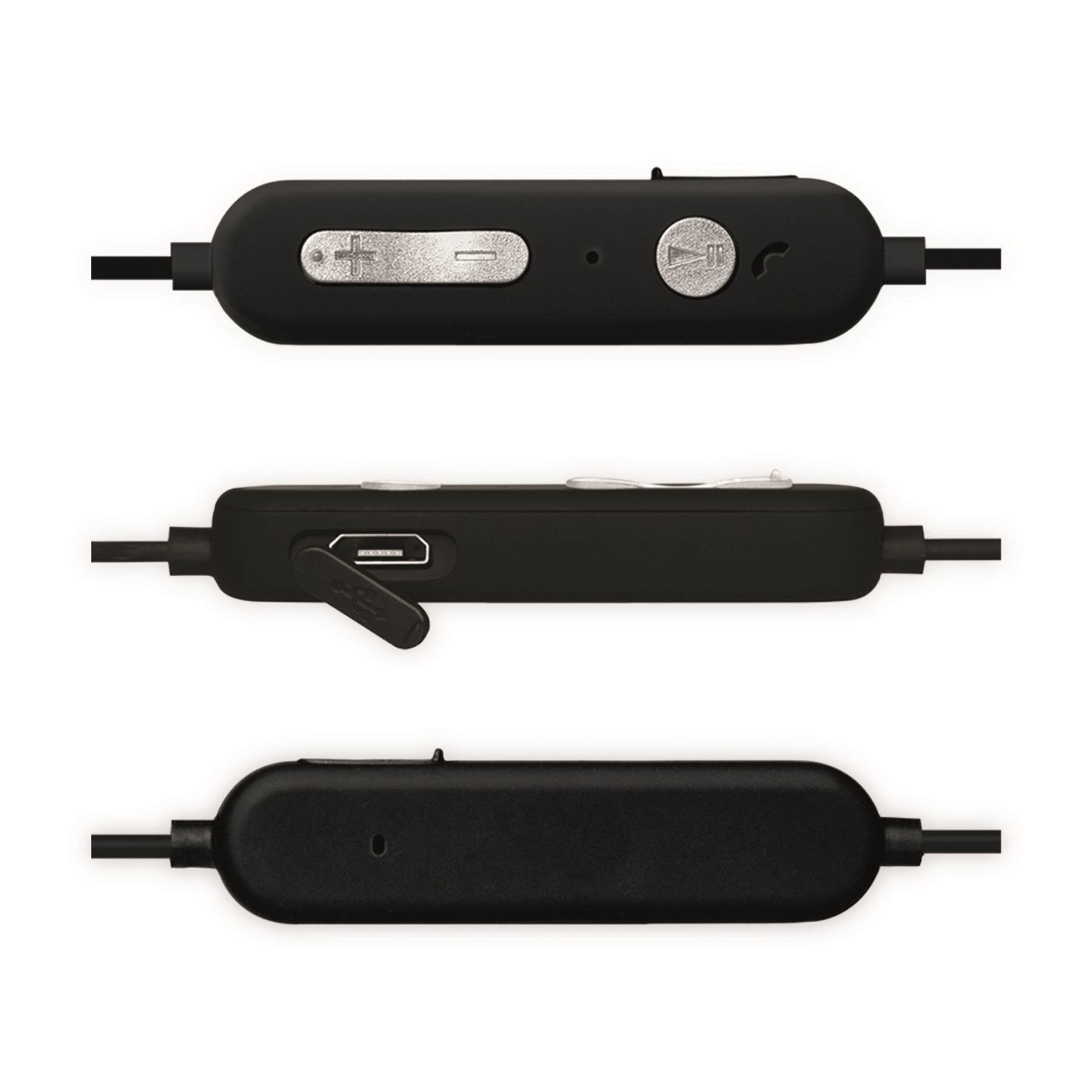Cuffie in-ear nere con controlli del volume e una porta di ricarica, mostrate in tre diverse angolazioni su sfondo bianco.