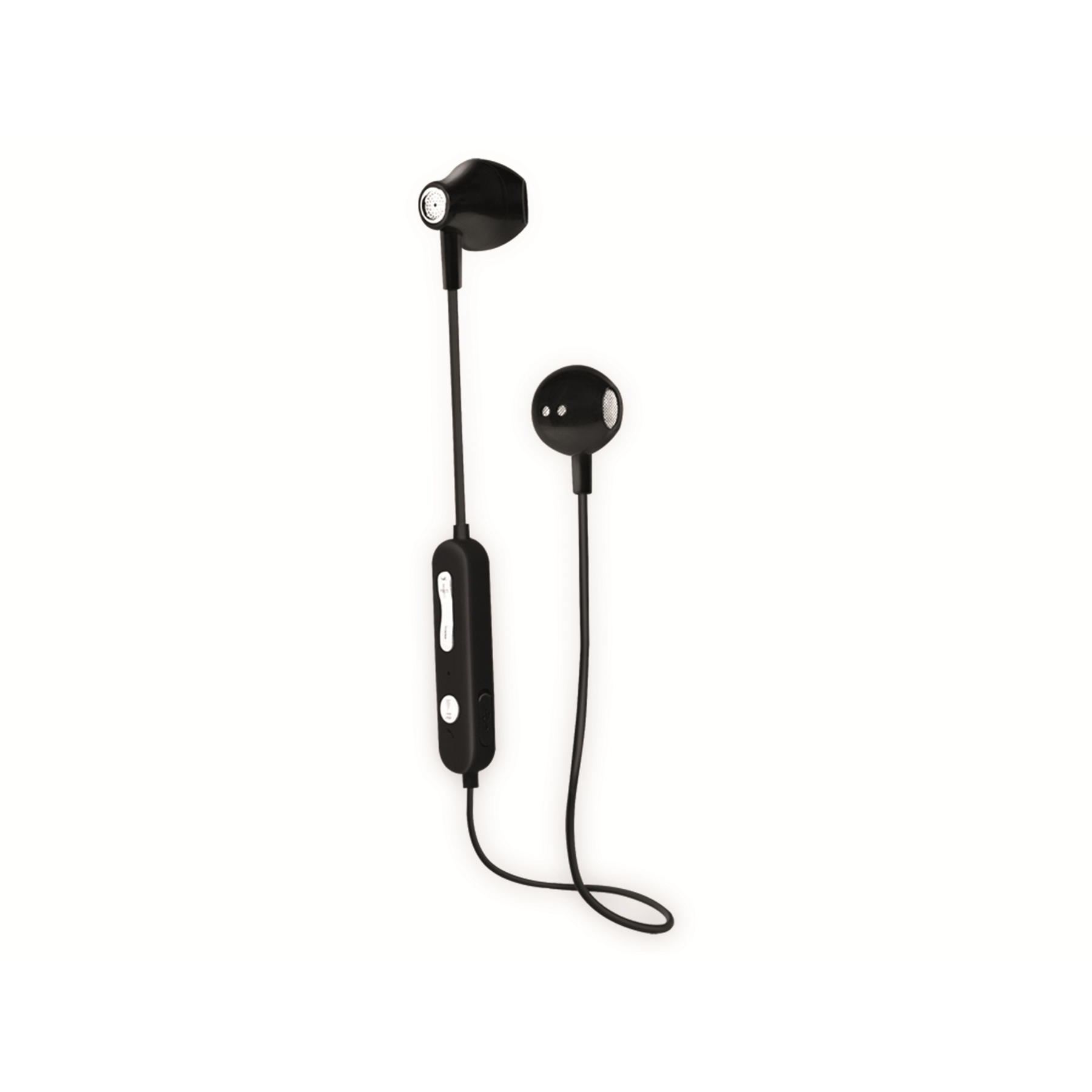 Auricolari wireless neri con microfono e pulsanti di controllo su sfondo bianco.