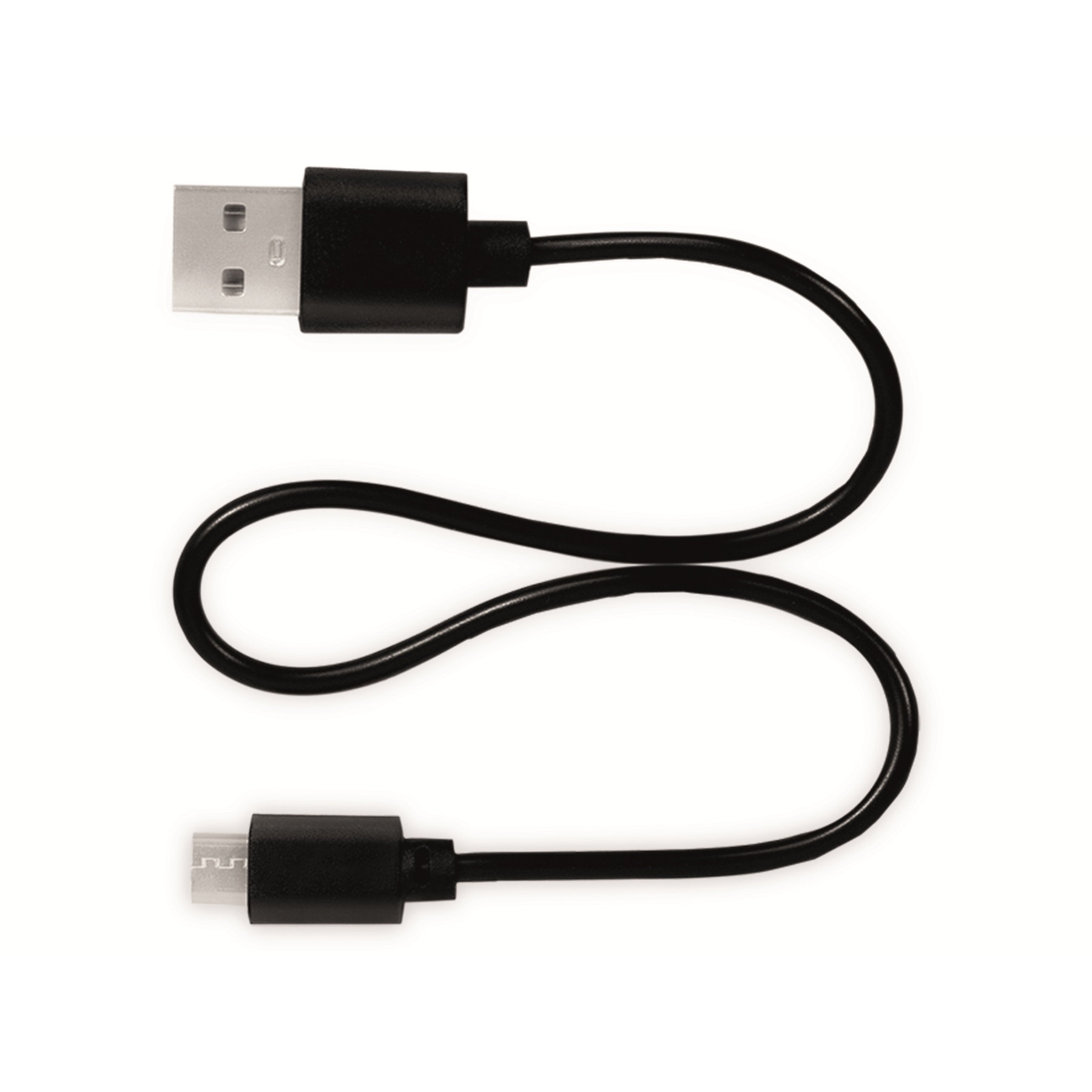 Un cavo di ricarica USB nero con connettore USB-A, cavo e connettore micro-USB su sfondo bianco.