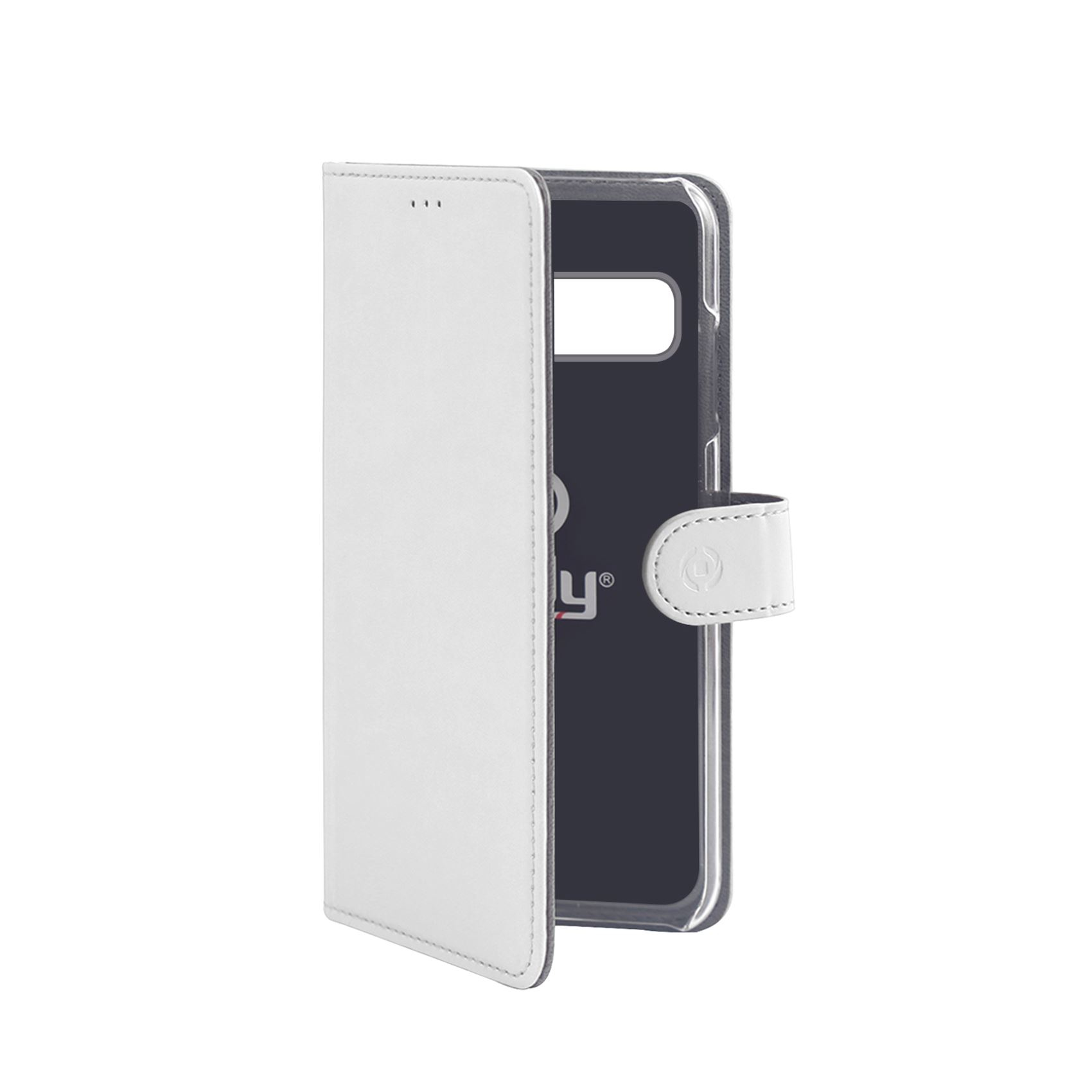Custodia bianca per telefono aperta, rivela schermo nero. Chiusura magnetica e cuciture.