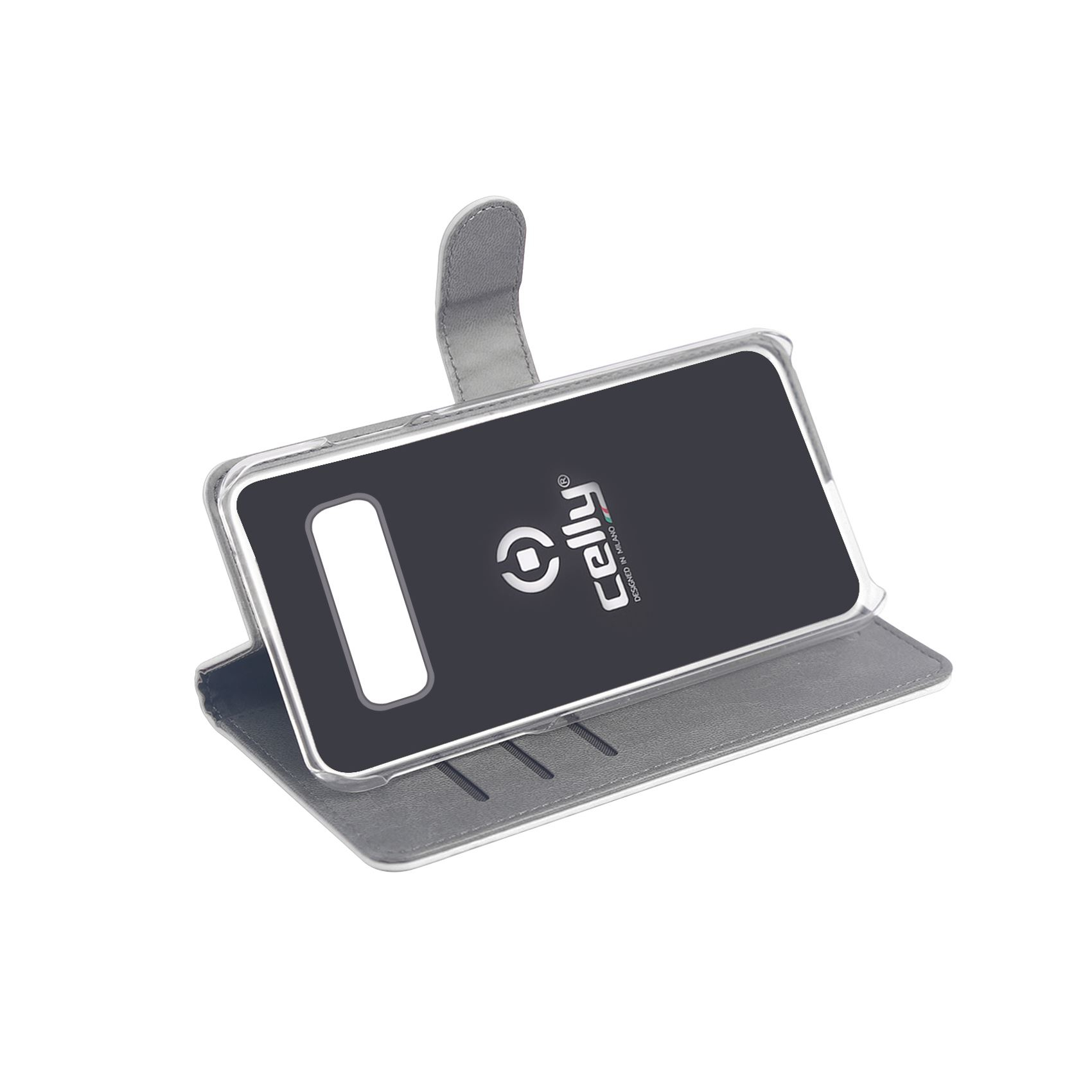 Una custodia per smartphone in stile portafoglio. La custodia è aperta, rivelando uno schermo nero con un rettangolo bianco e il logo Celly.