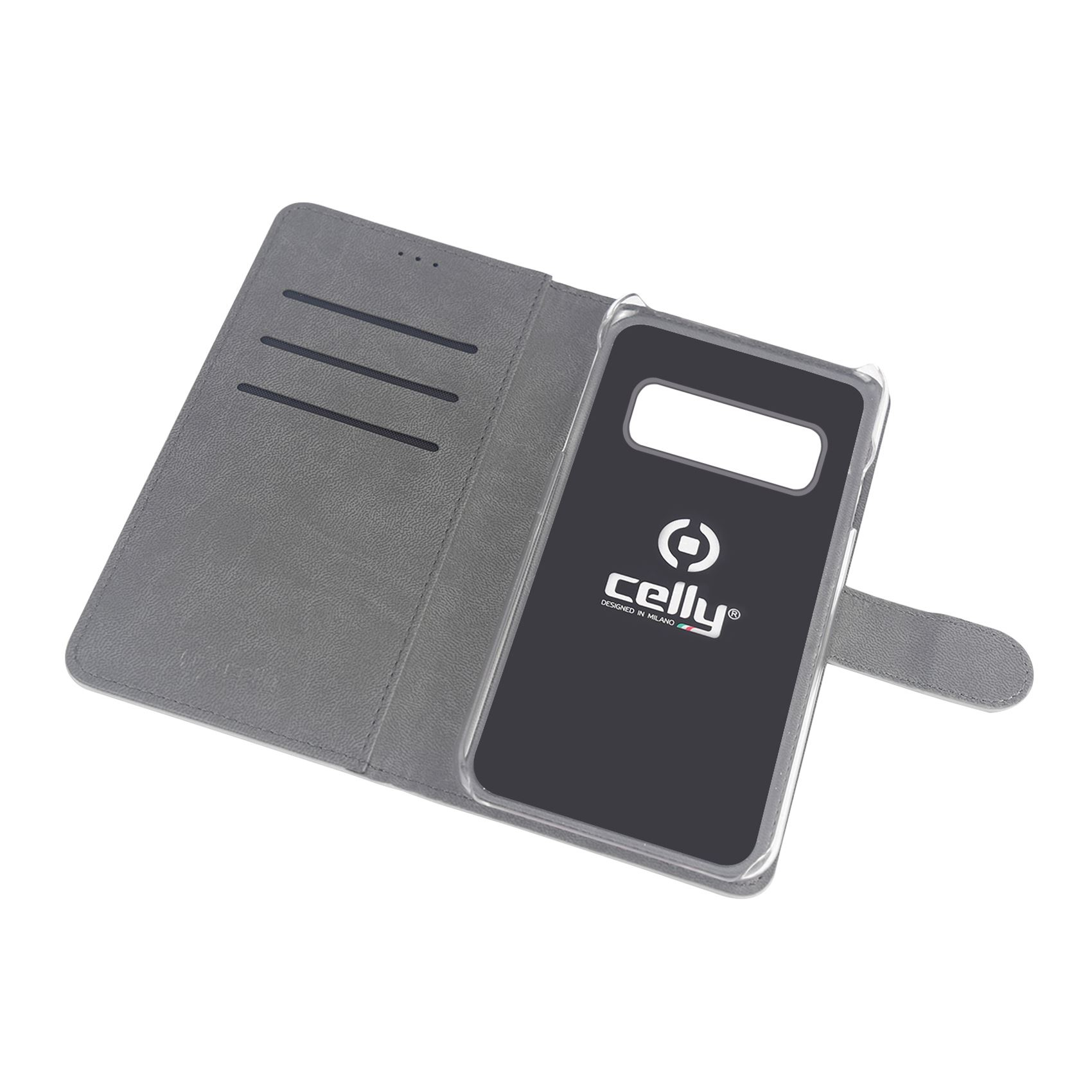 Una custodia grigia per telefono è aperta, rivelando un telefono nero con il logo 'celly'. La custodia ha fessure per carte.