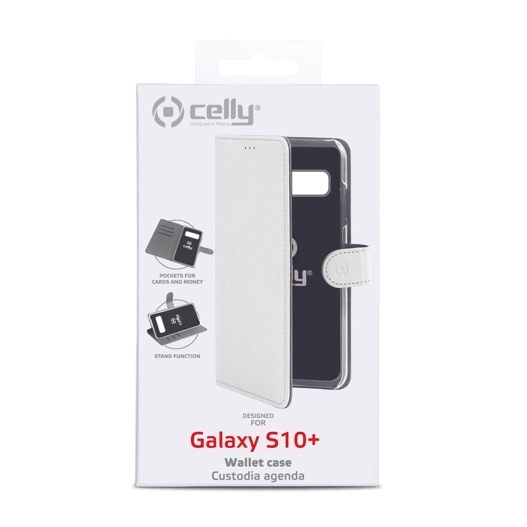 Una custodia a portafoglio Celly Galaxy S10+ bianca su una scatola bianca. Include tasche per carte, funzione stand. Informazioni sul marchio e sul prodotto visibili.