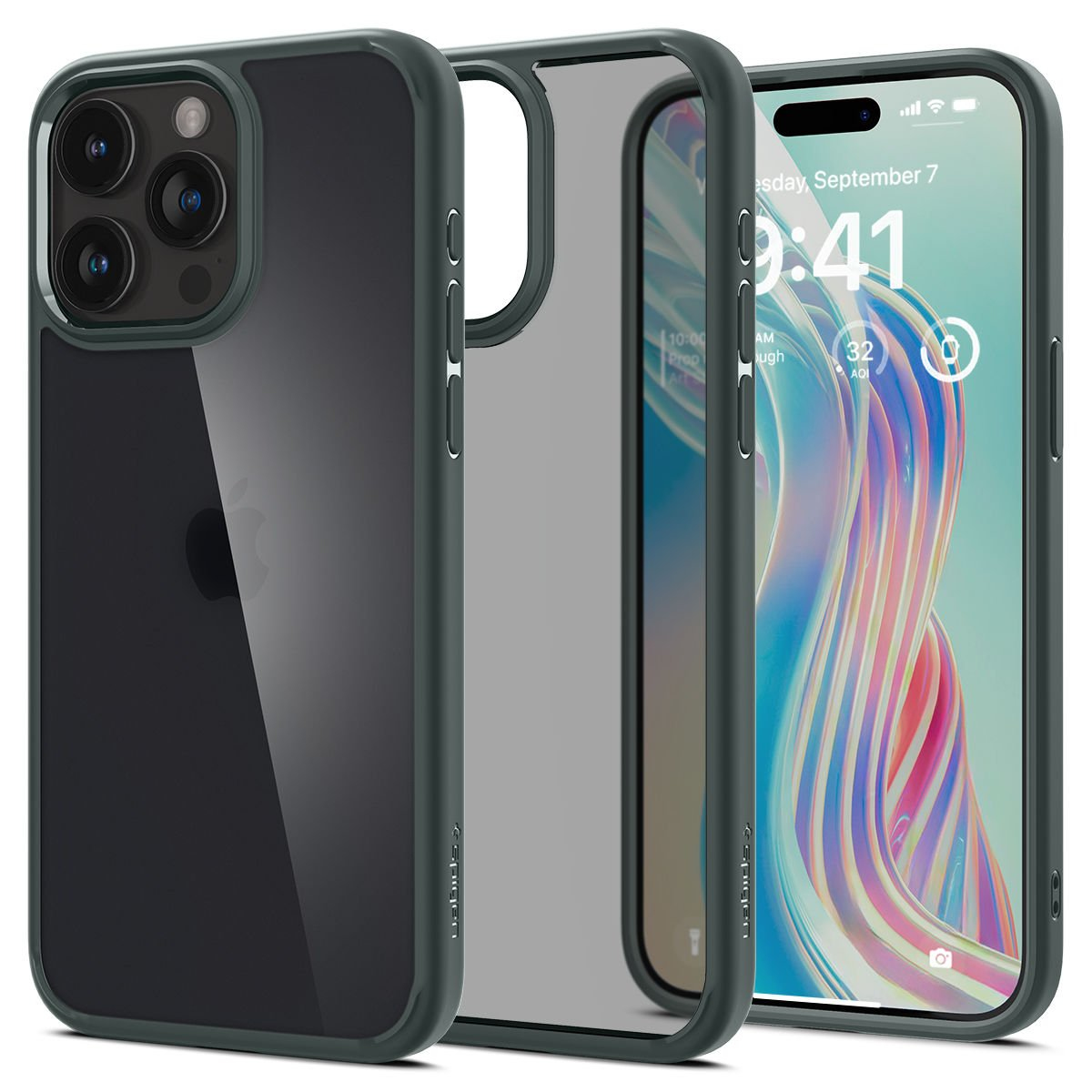 Tre iPhone 14 Pro in custodie verde scuro, uno con schermo. Due custodie separate. Data visualizzata sullo schermo.