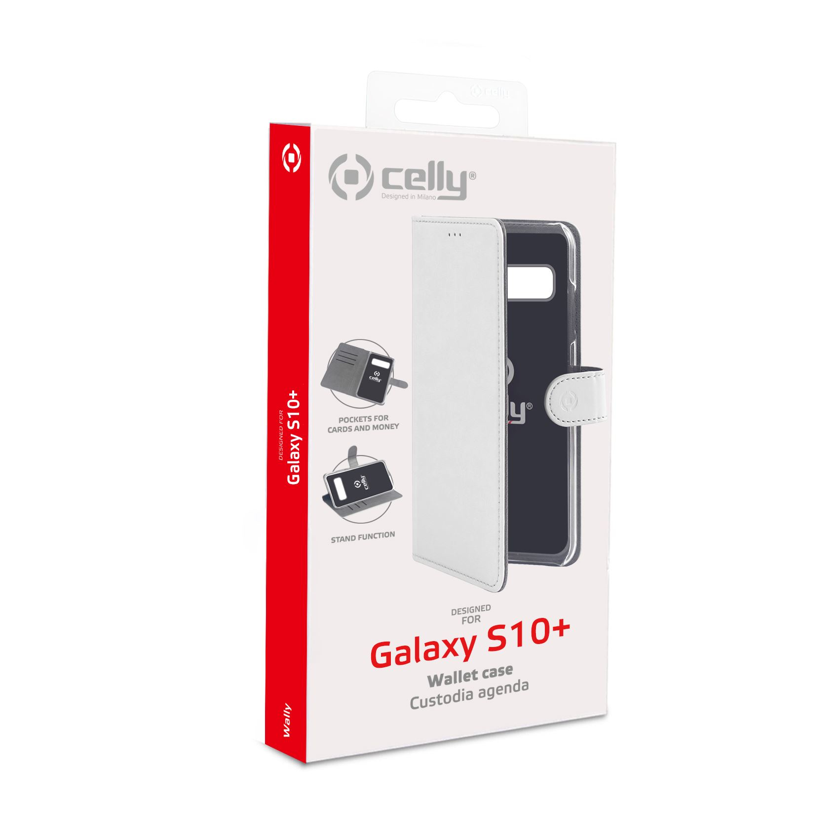 Confezione di custodia per telefono Galaxy S10+. Presenta una custodia bianca, il logo Celly e grafiche con tasche e supporto.