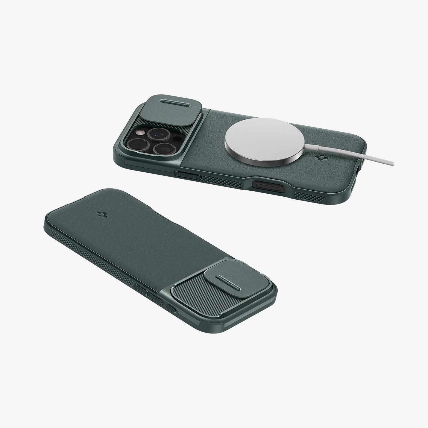 Due custodie per telefono verde scuro con copriobiettivo. Una ha un caricabatterie wireless. Sfondo bianco.