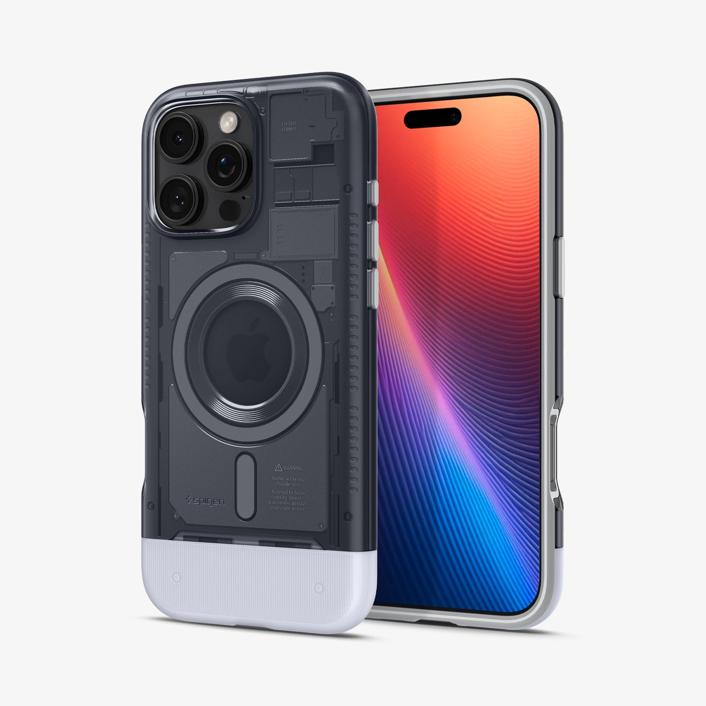 Un iPhone in una custodia trasparente, che mostra i componenti interni del telefono. Il telefono è accanto a un altro iPhone con uno sfondo colorato.