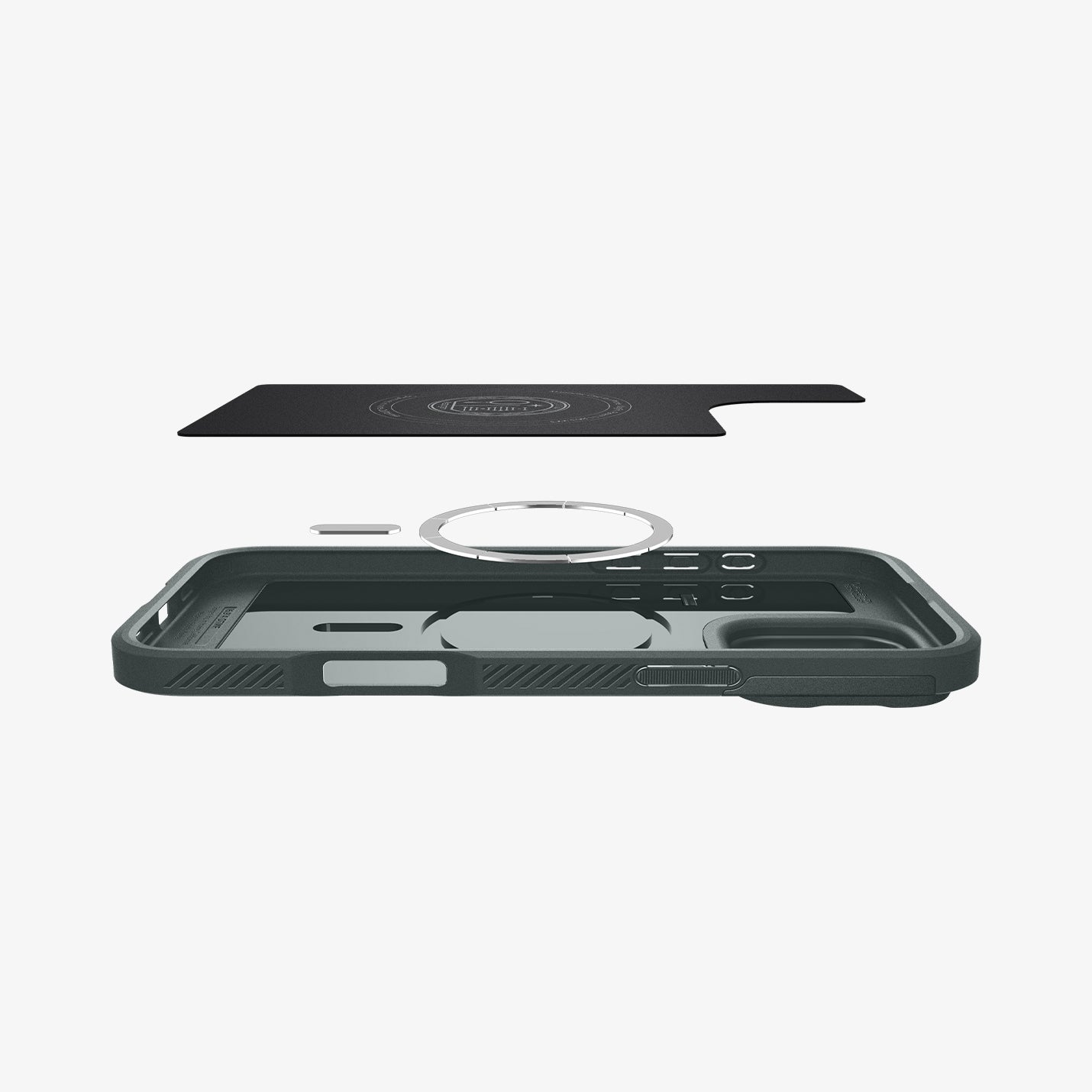 Vista esplosa mostra una custodia per telefono, un anello metallico e un accessorio rettangolare nero, su sfondo bianco.