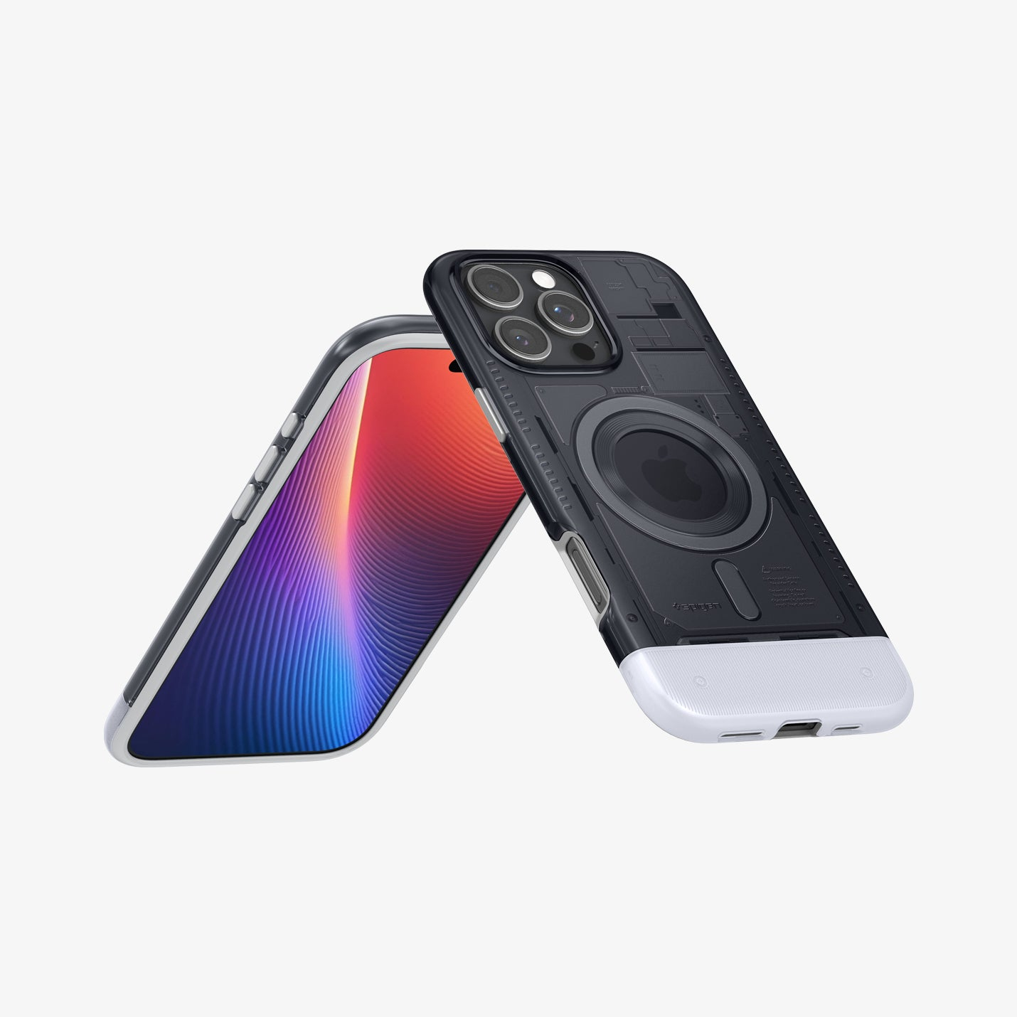 Due smartphone, uno con custodia bianca e nera e l'altro con schermo sfumato, su sfondo bianco.