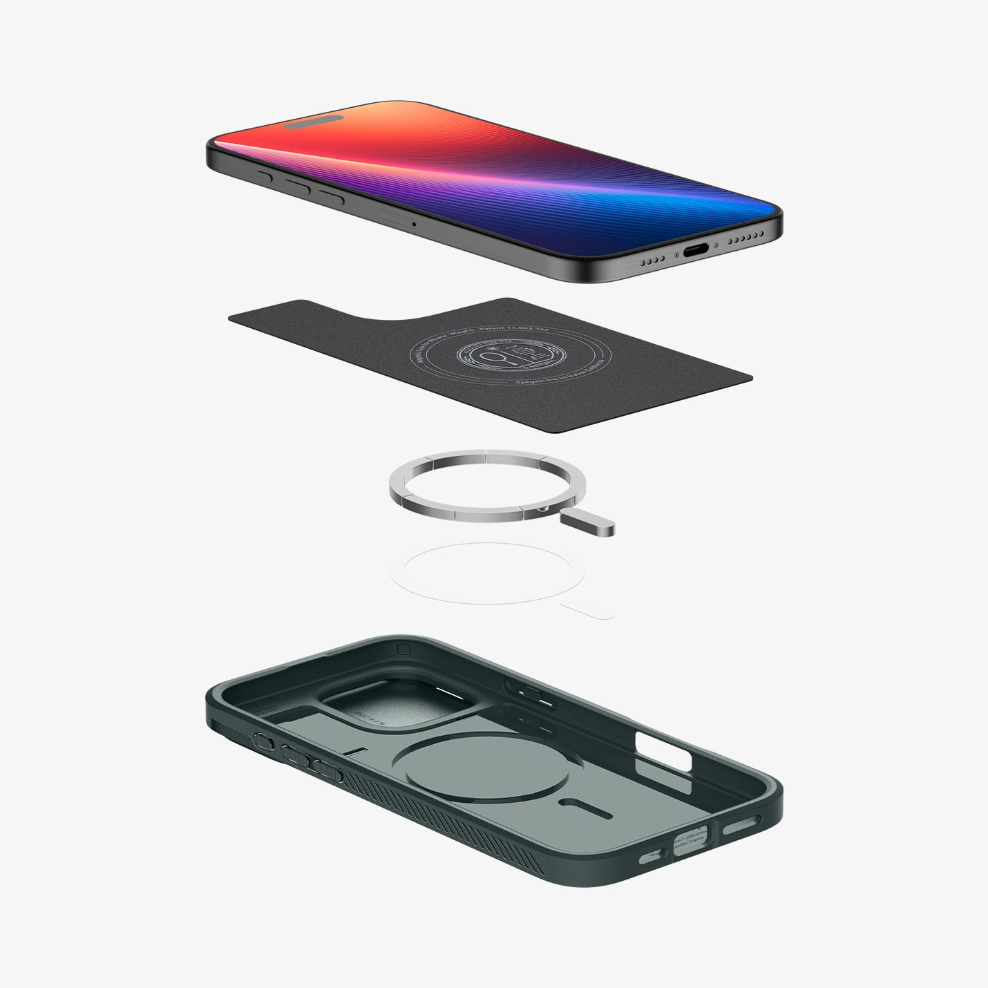 Vista esplosa del telefono e degli accessori. Include telefono, base di ricarica, anello e custodia. I componenti sono grigi, neri e verdi.