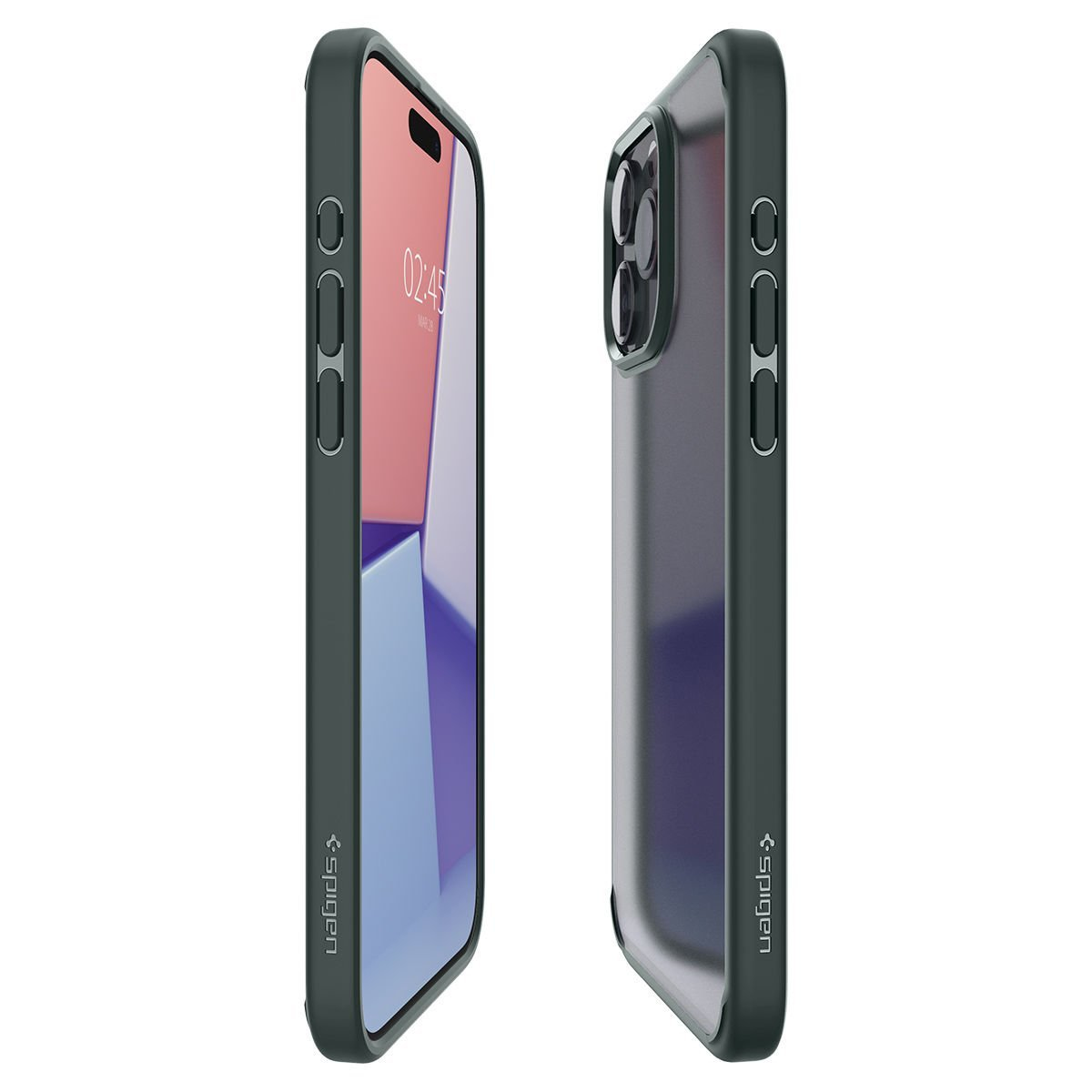 Due smartphone con custodie verde scuro. Uno schermo mostra un orologio, l'altro le lenti della fotocamera.